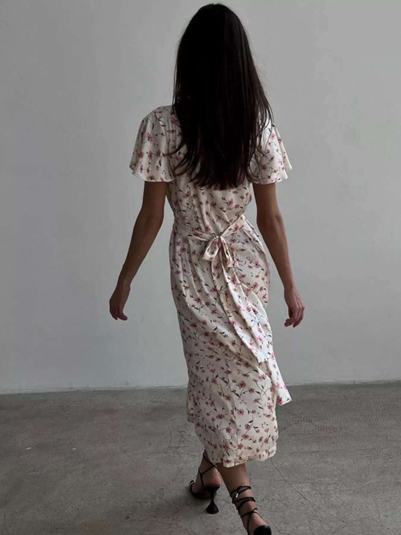 Floral Print V-Neck Flutter Sleeves Midi Dress