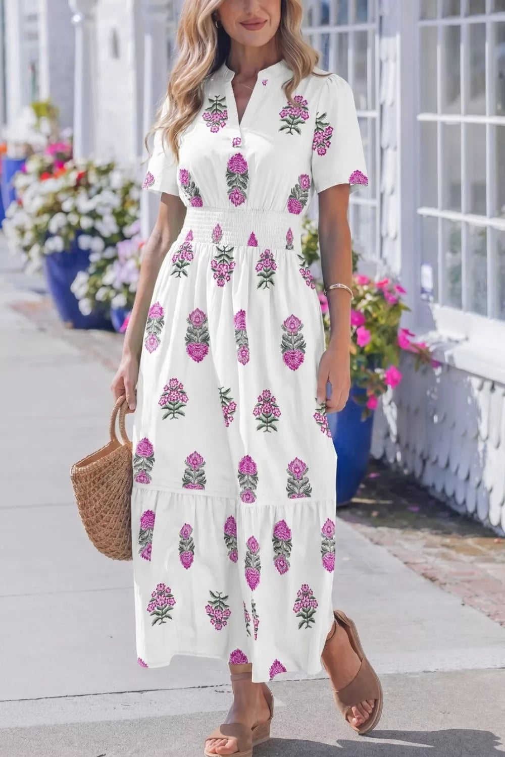 Floral Print Split Neck Shirred High Waist Ruffle Hem Midi Dress