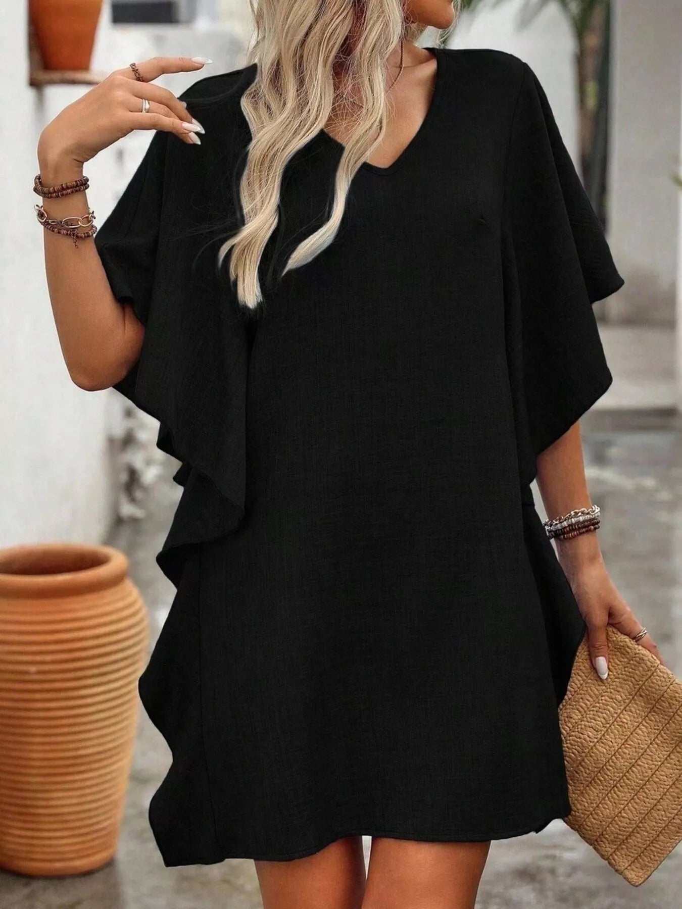 Ruffled Flutter Sleeve V-Neck Mini Dress