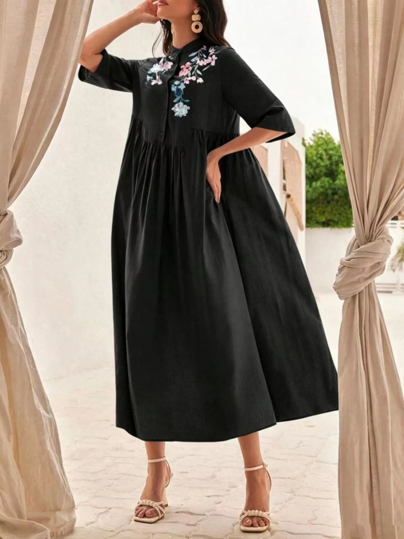Floral Embroidered Casual Midi Dress