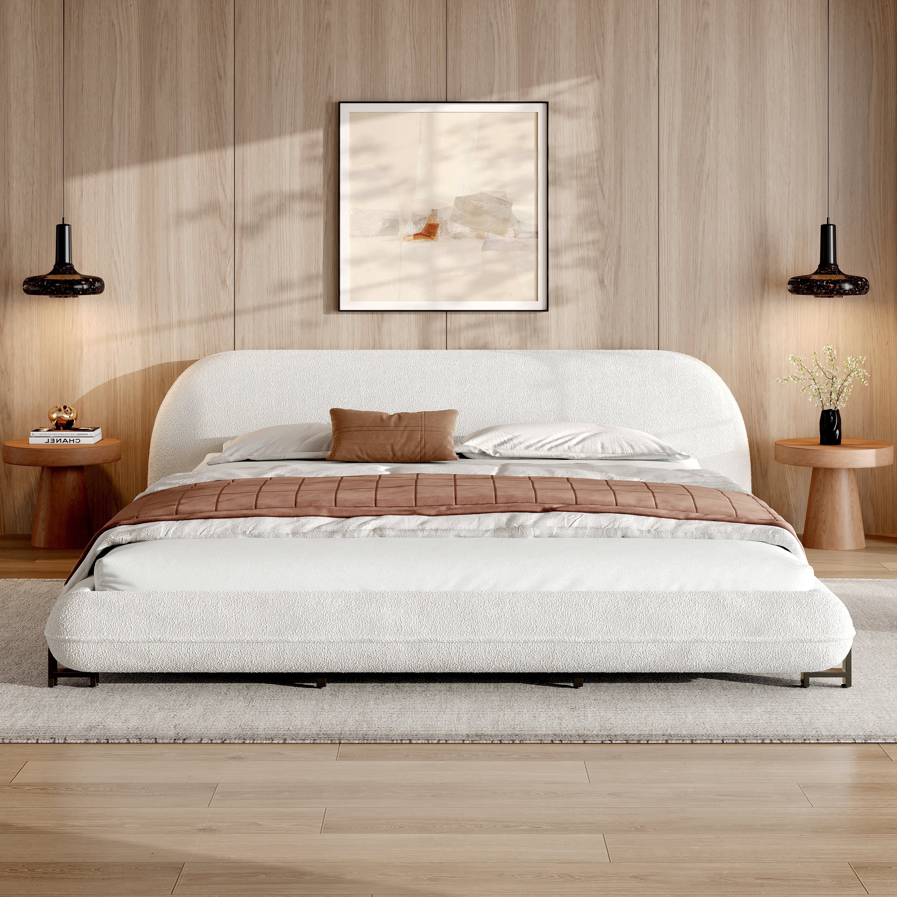 California King Size Bed Frame with Boucle Fabric and Thick Headboard
