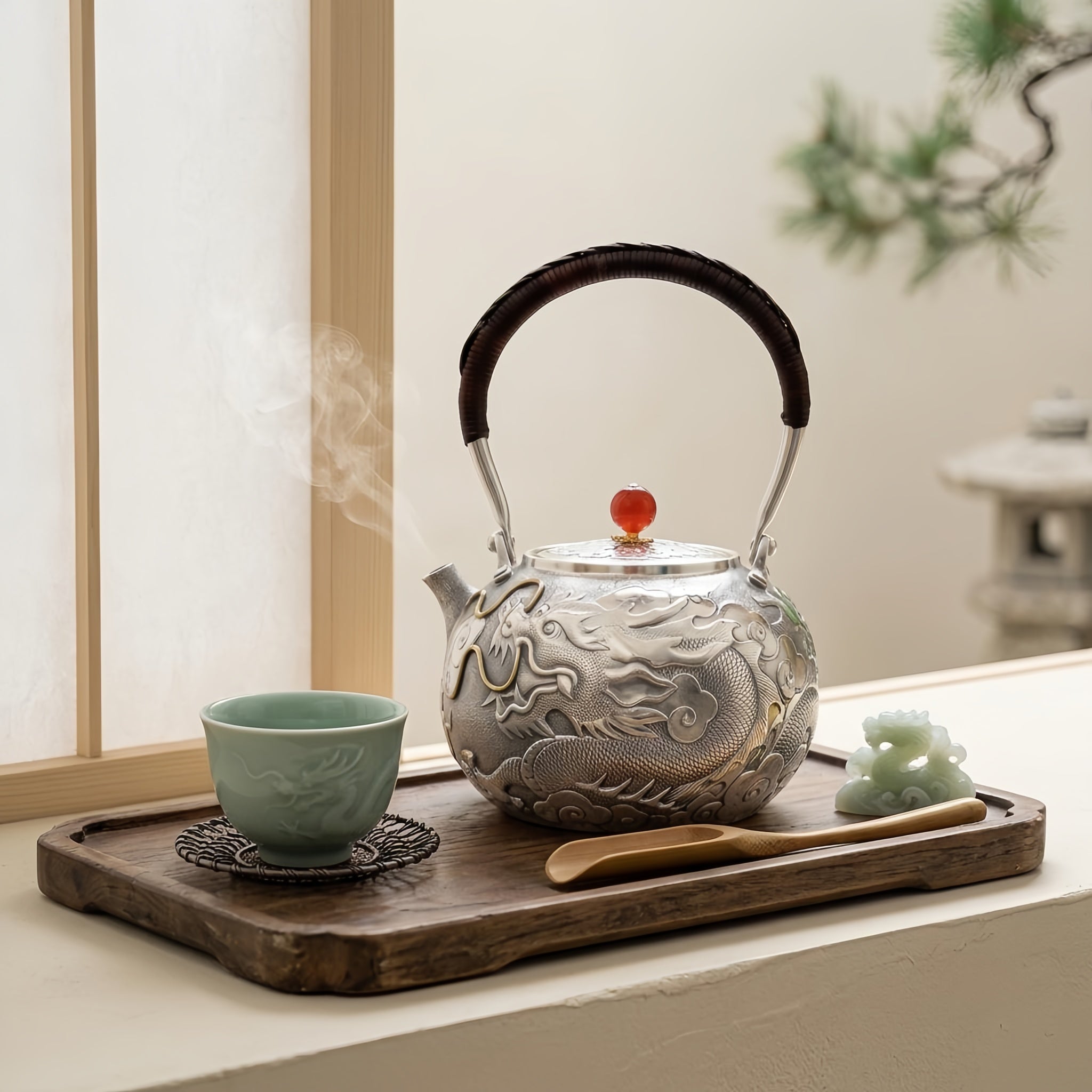 Pure 999 Fine Silver Exquisite Silver Teapot with Handcrafted Dragon Relief and Crimson Stone Finial - Handicraft