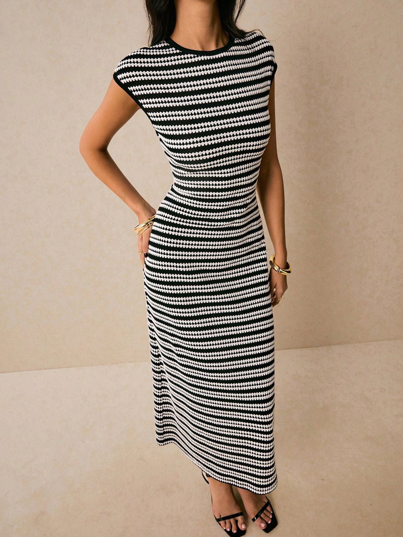 Striped Cap Sleeve Bodycon Midi Dress
