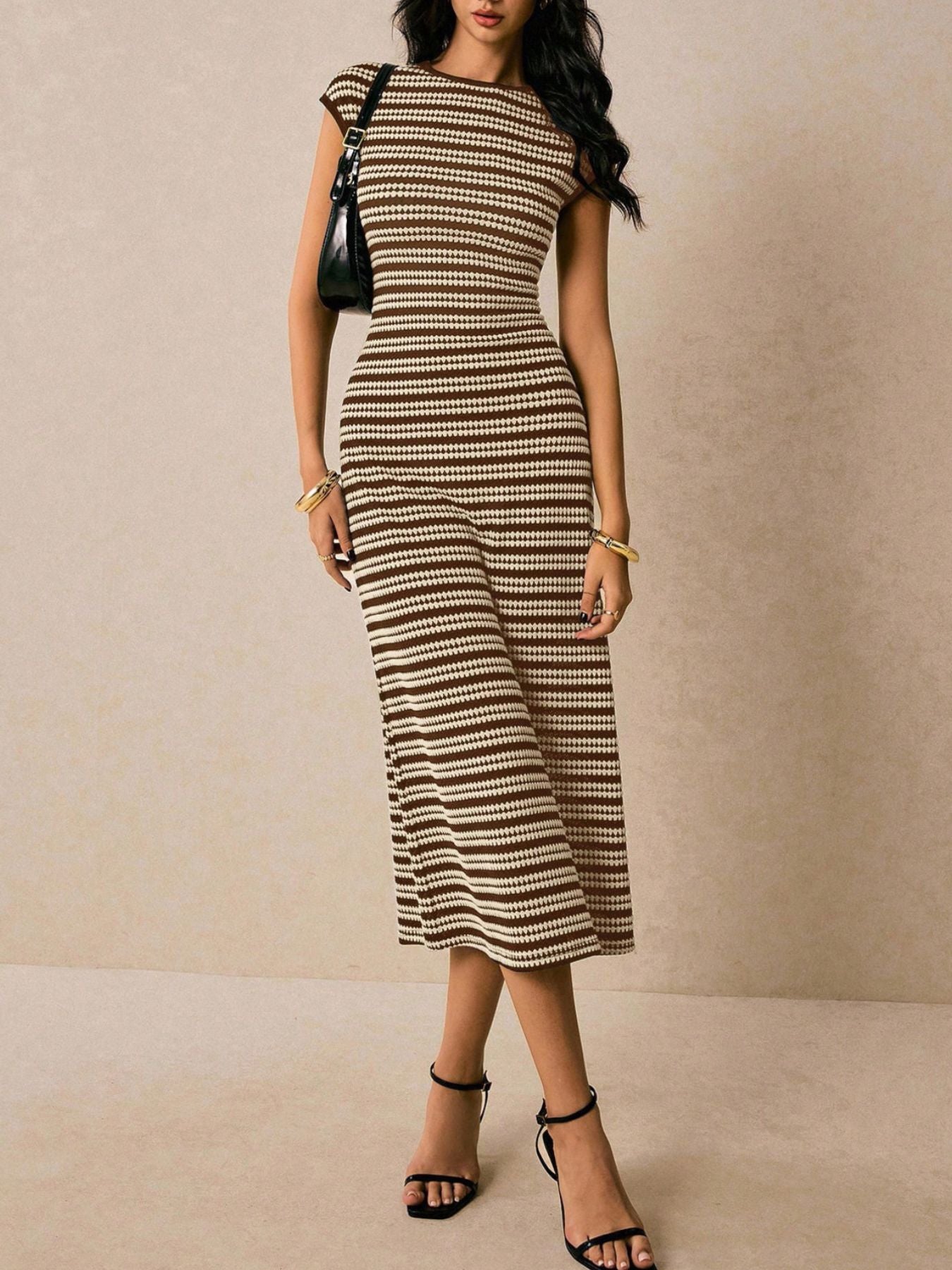 Striped Cap Sleeve Bodycon Midi Dress