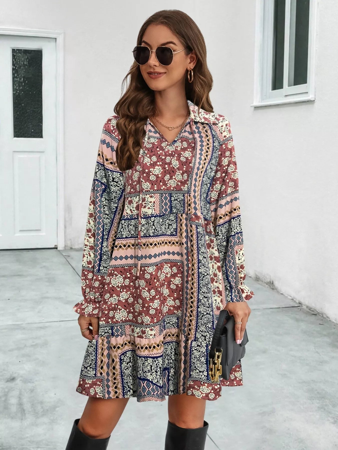 Boho Floral Print Long Sleeve Mini Dress