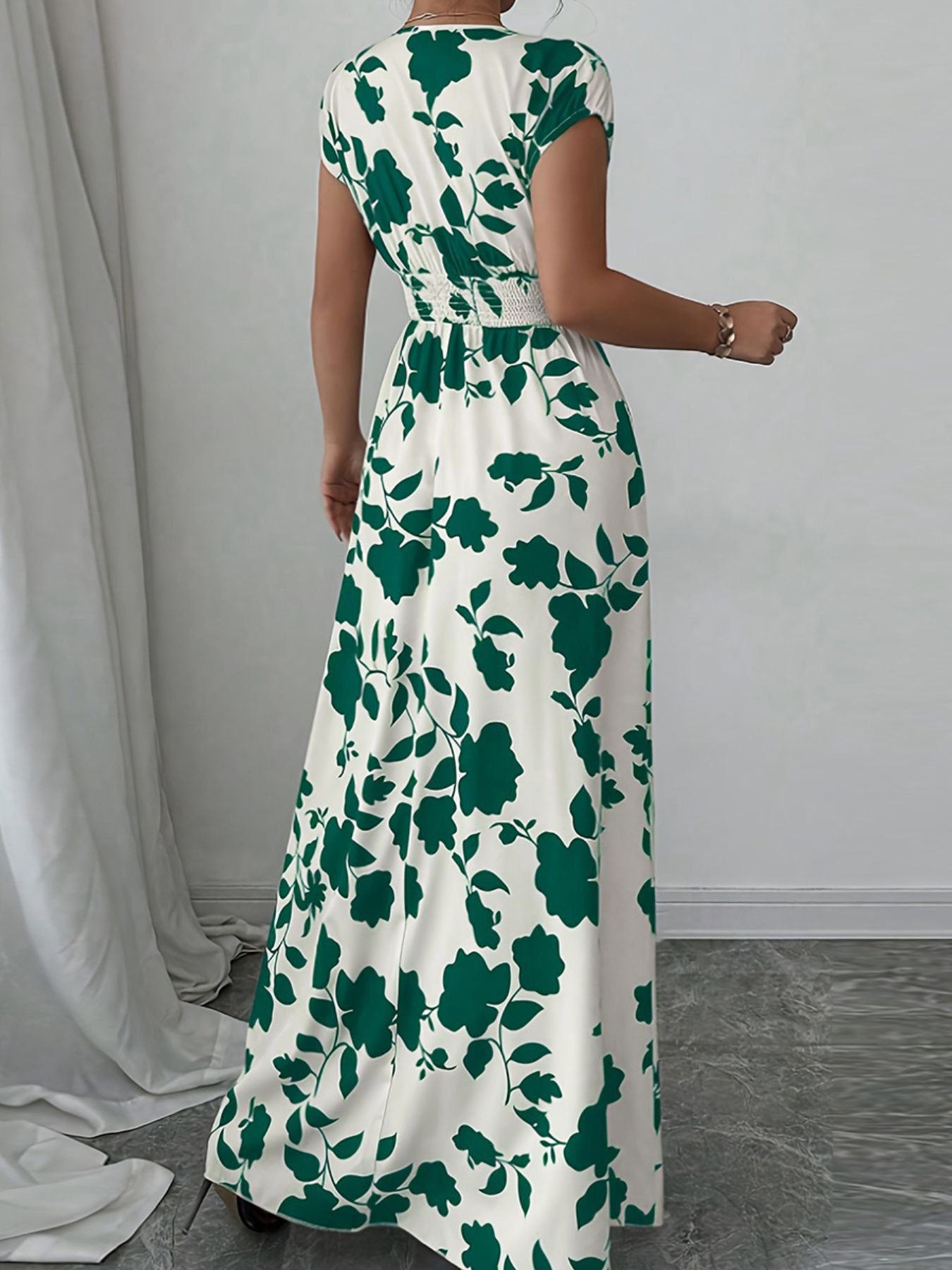 Printed Surplice Cap Sleeve Maxi Dress