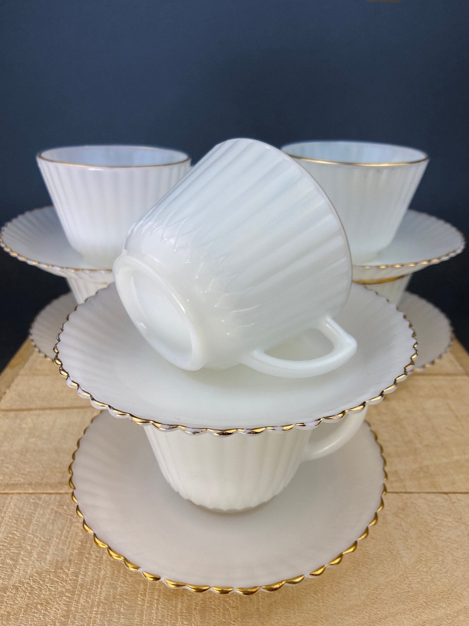 5 Opalescent Monax Petalware TeaCups. White and Gold Brim Depression Glass Coffee Cups. White Table Setting. Houseware. Dinning Room Decor. - Overture Gifts