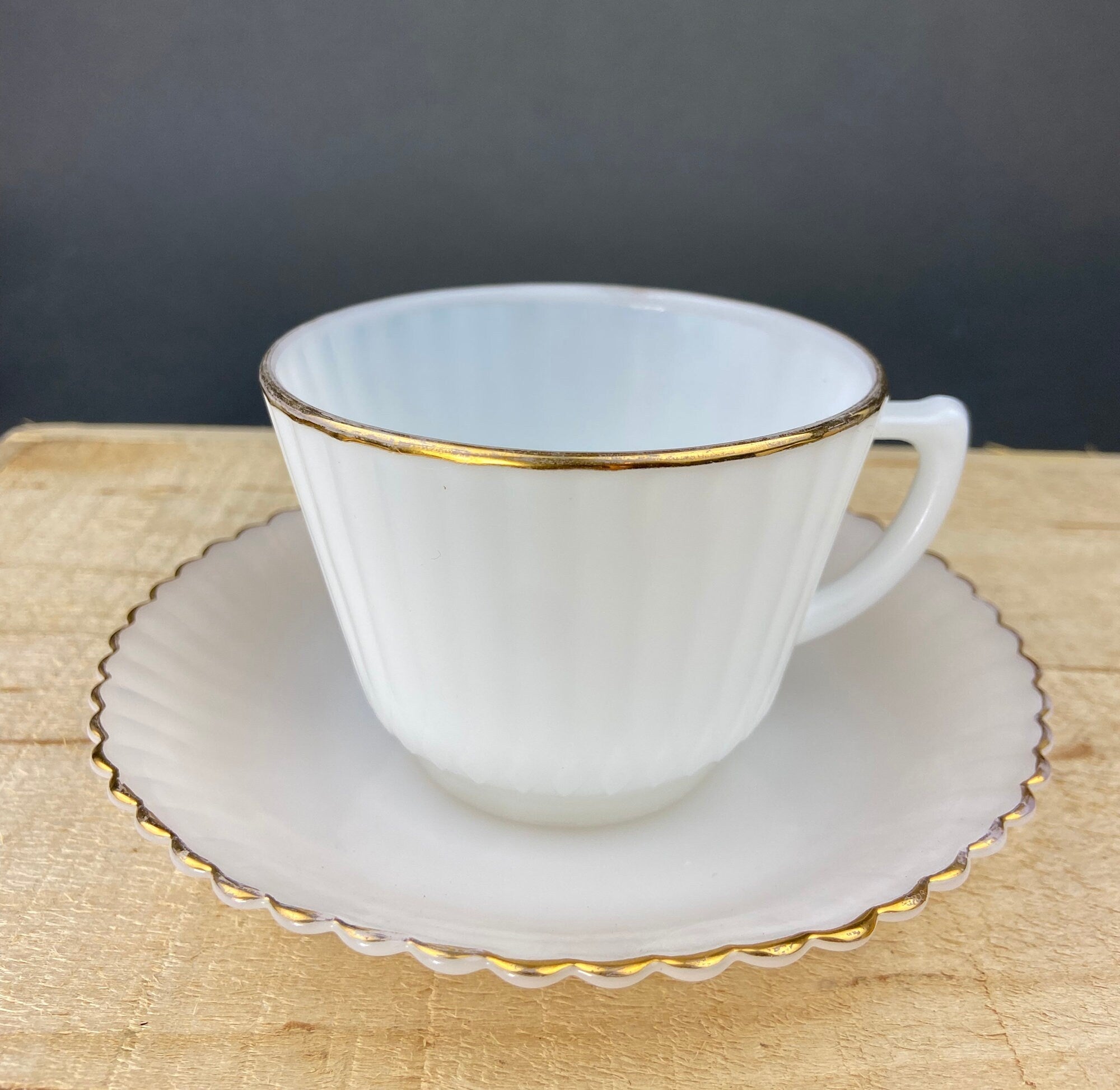 5 Opalescent Monax Petalware TeaCups. White and Gold Brim Depression Glass Coffee Cups. White Table Setting. Houseware. Dinning Room Decor. - Overture Gifts