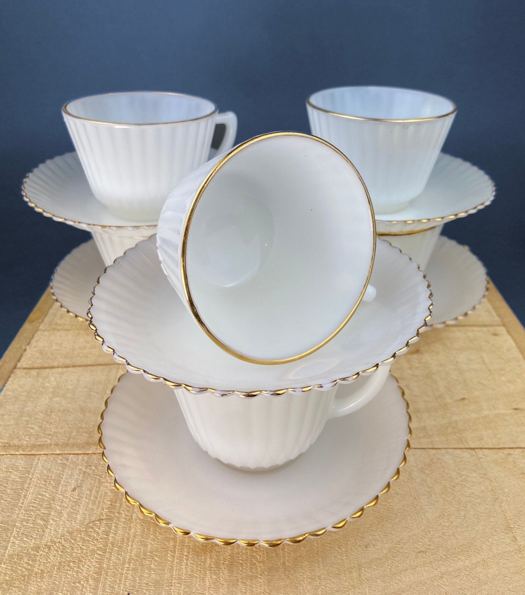 5 Opalescent Monax Petalware TeaCups. White and Gold Brim Depression Glass Coffee Cups. White Table Setting. Houseware. Dinning Room Decor. - Overture Gifts