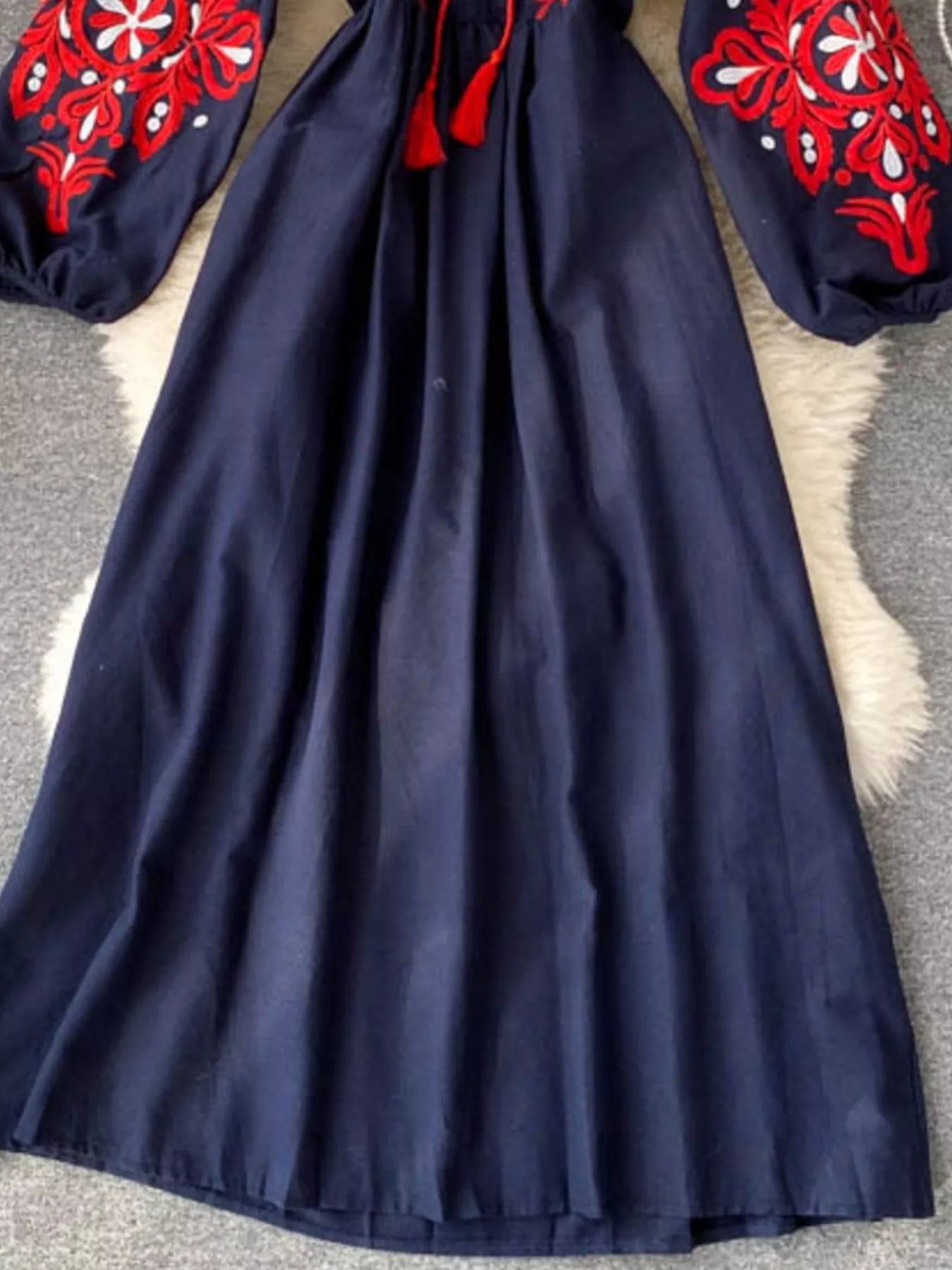Embroidered Tie Neck Long Sleeve Dress