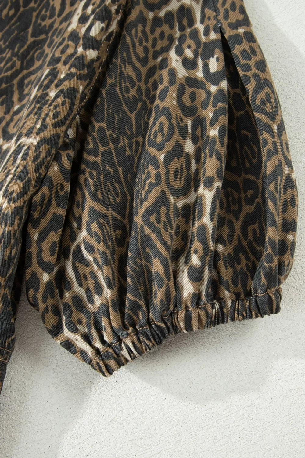 Leopard Print Puff Sleeve Denim Dress
