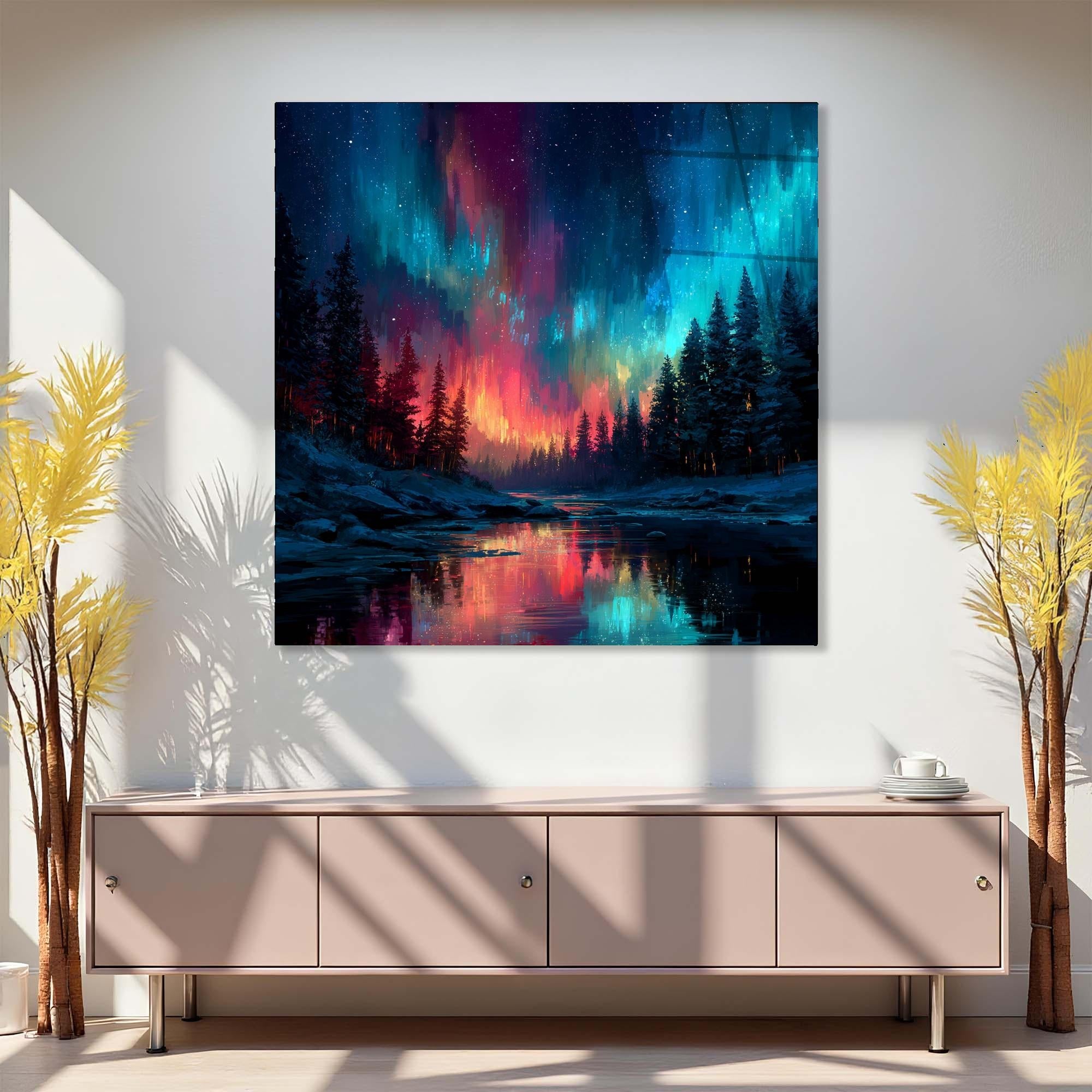 Aurora Borealis Tempered Glass Wall Art | Forest Landscape Decor