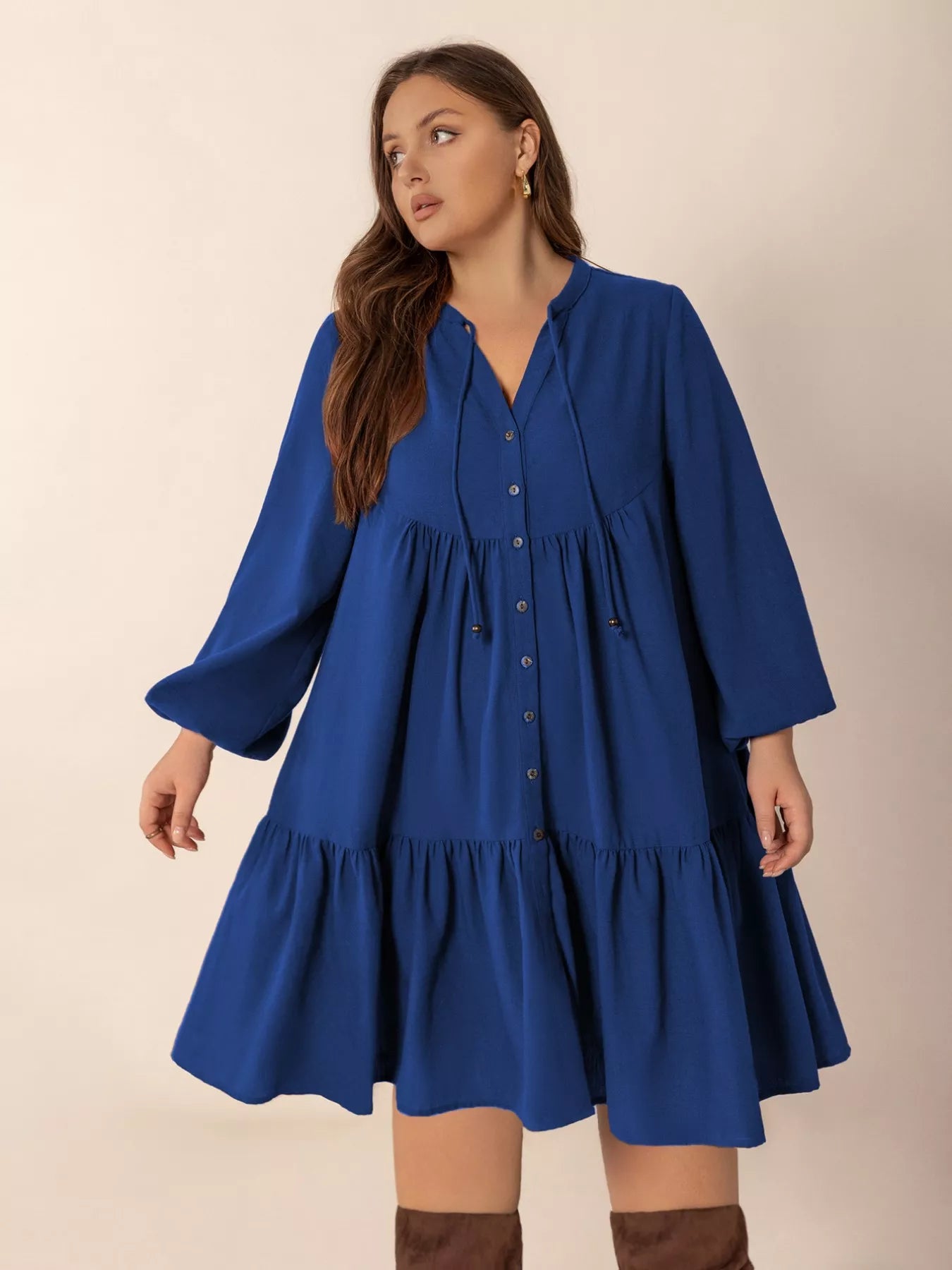 Plus Size Tie Neck Balloon Sleeve Dress
