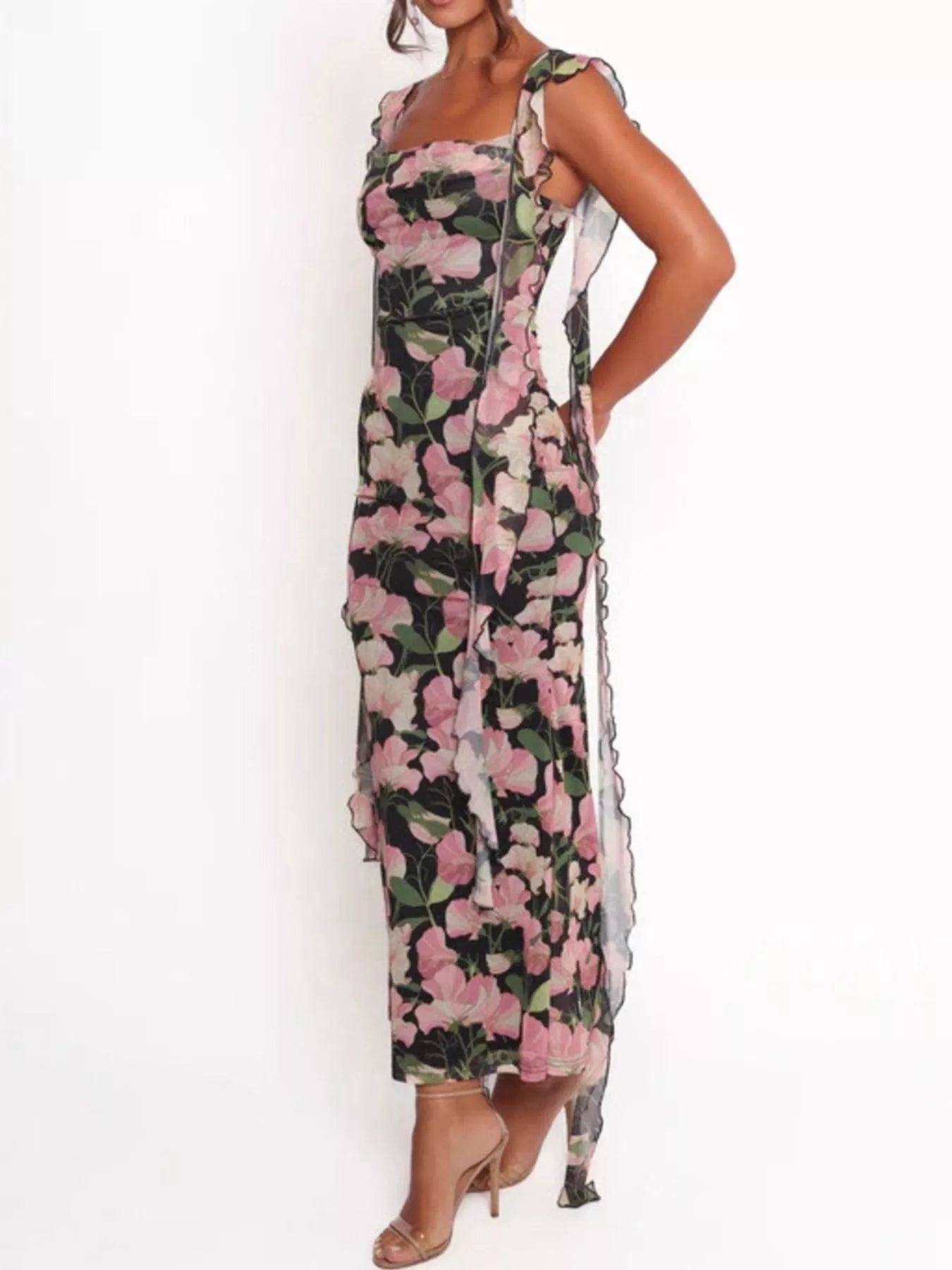 Floral Print Ruffle Trim Bodycon Maxi Dress