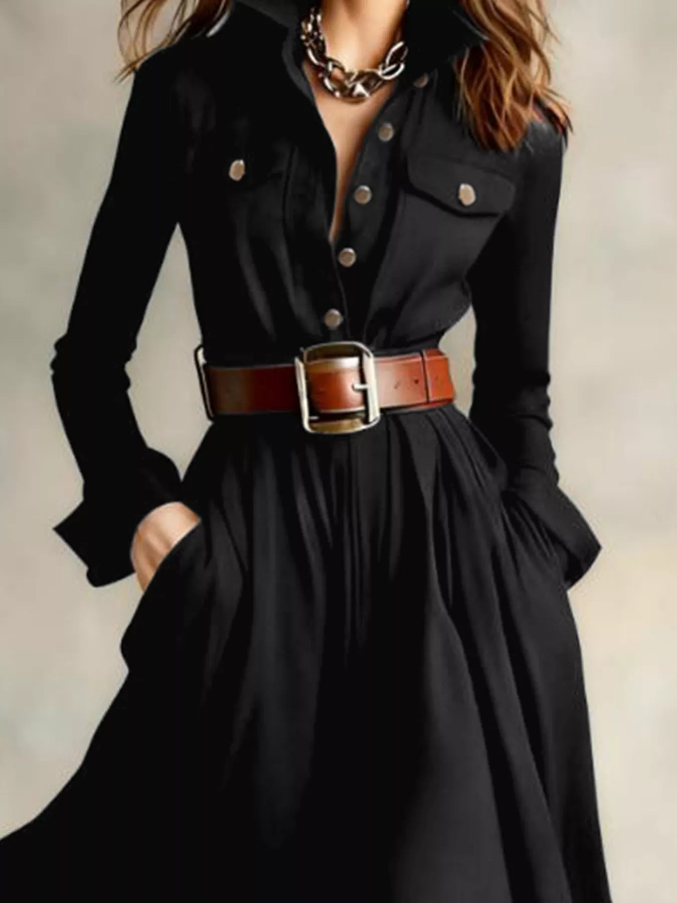 Button Front Long Sleeve Maxi Dress
