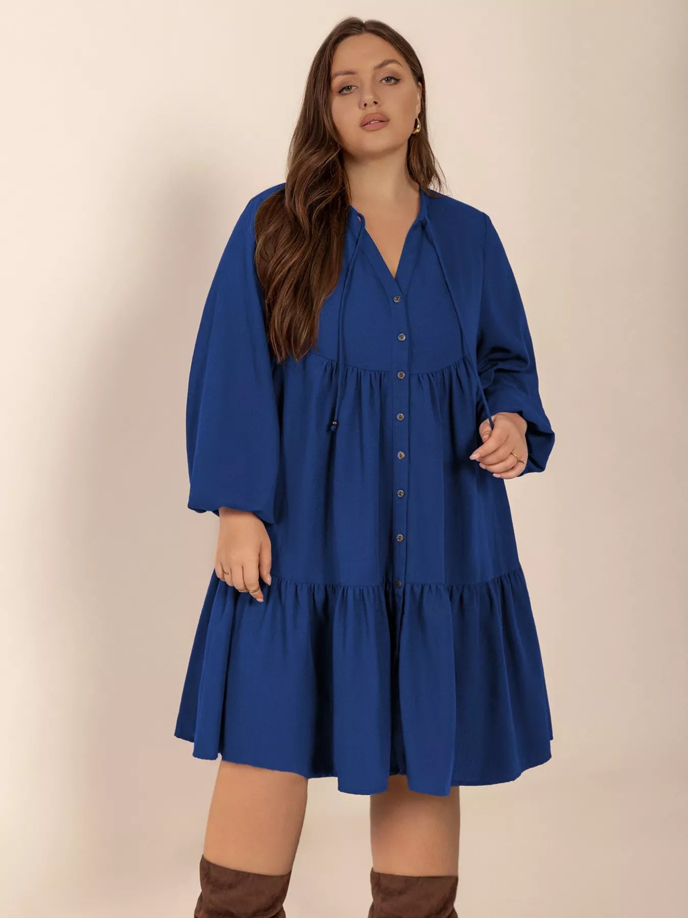 Plus Size Tie Neck Balloon Sleeve Dress