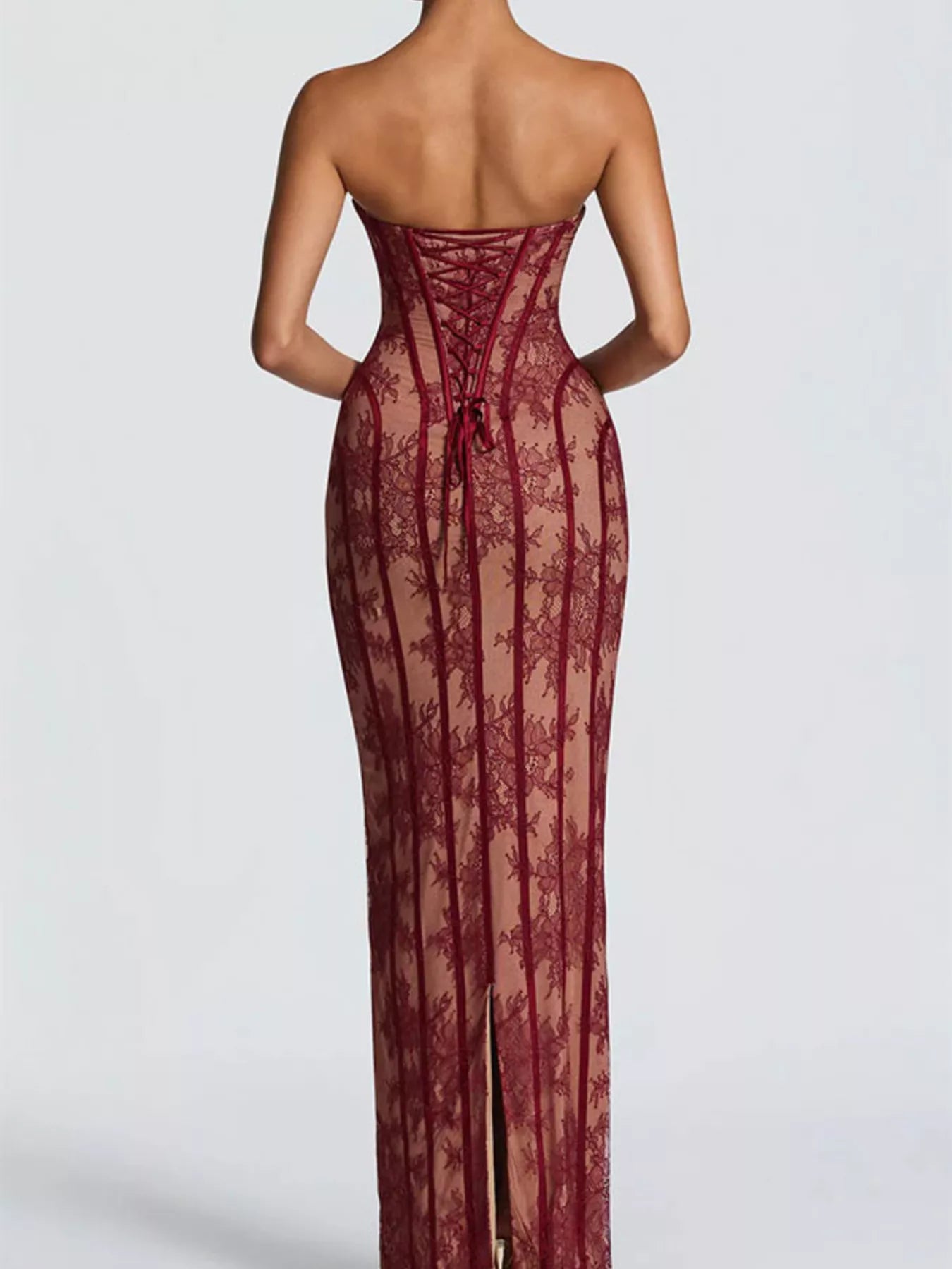Lace Up Back Strapless Maxi Dress