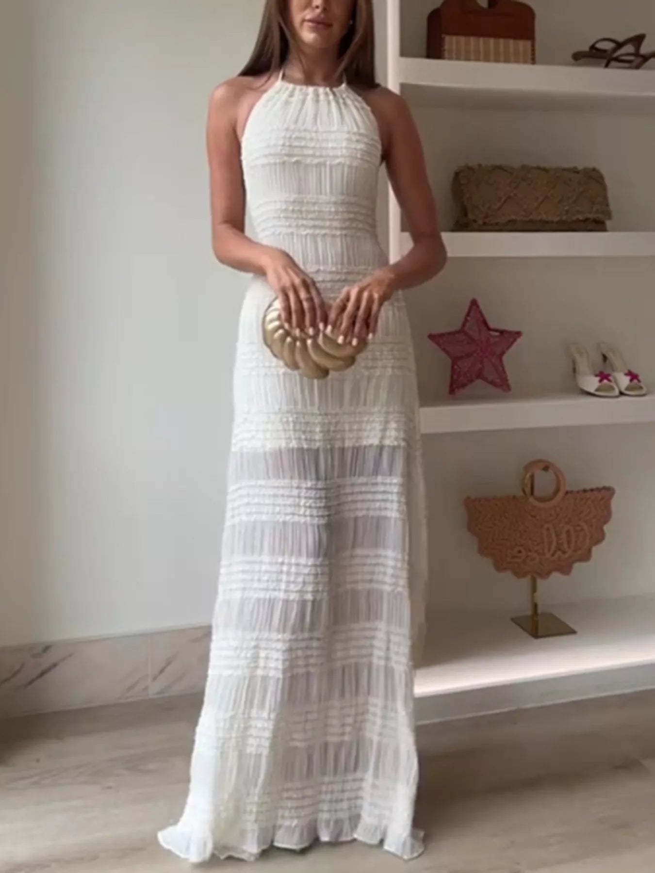 Ruched Halter Neck Maxi Dress