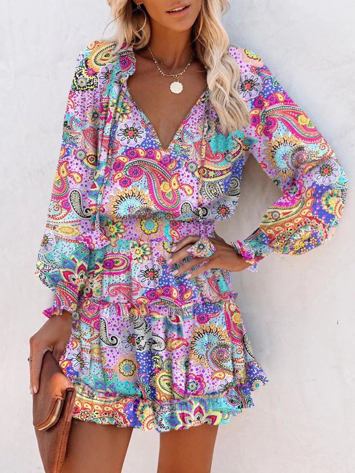 Tie Neck Lantern Sleeve Dress