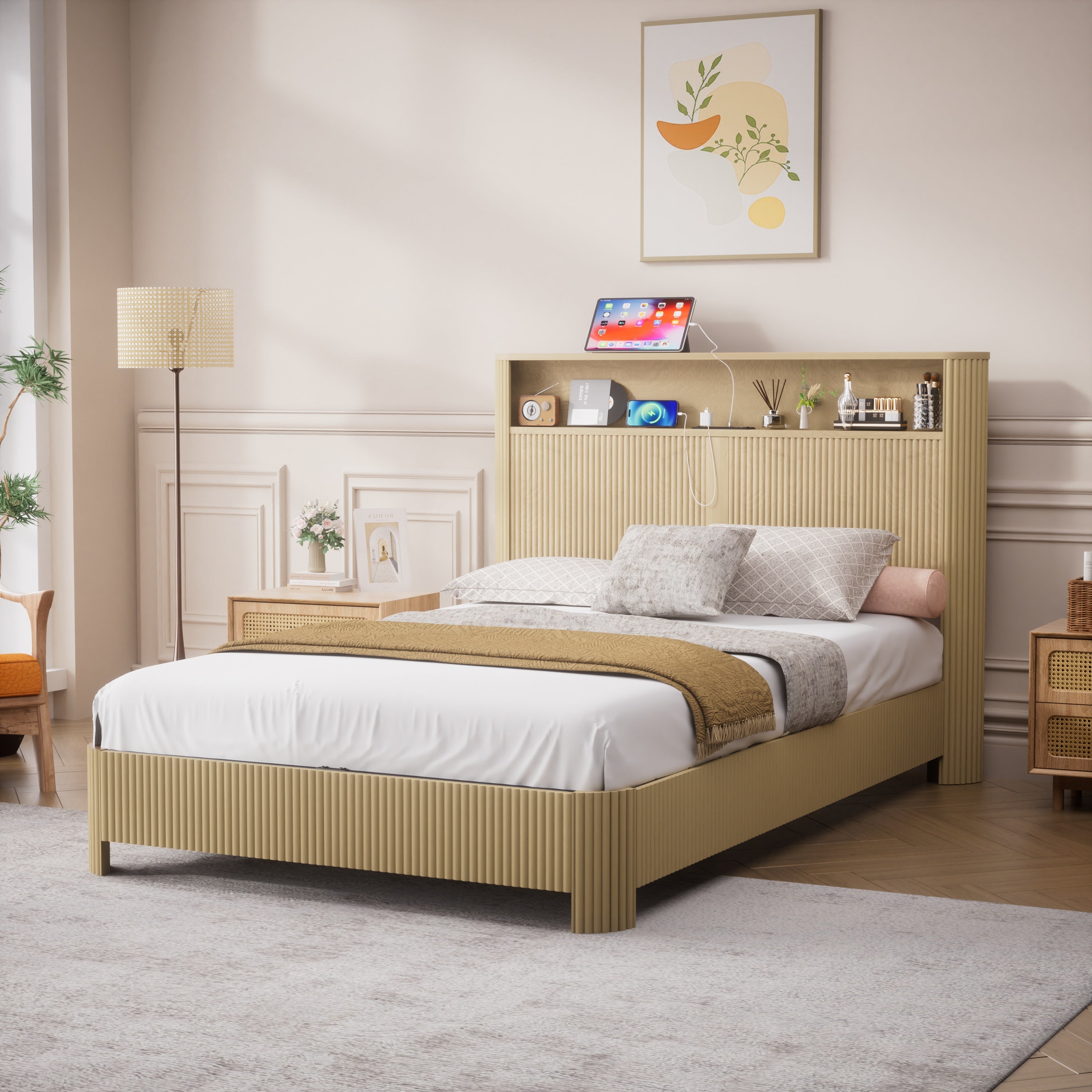 Full Extra Long Size Bed Frame with Storage Headboard