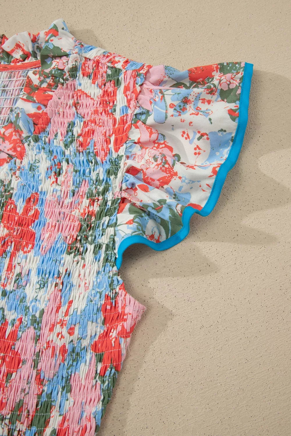 Floral Print V Neck Contrast Trim Flutter Sleeve Long Dress