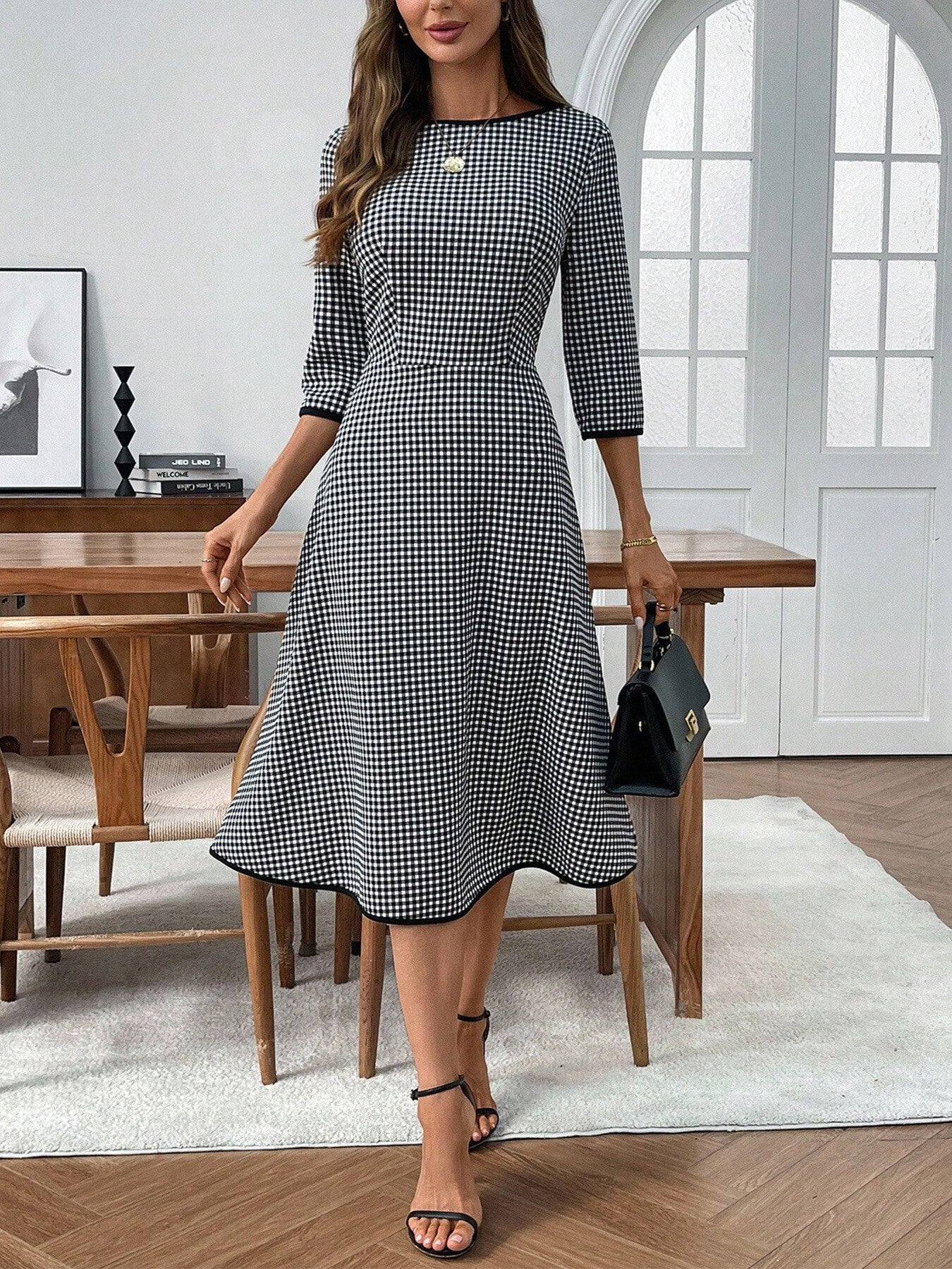 Plaid Round Neck 3/4 Sleeve Dress
