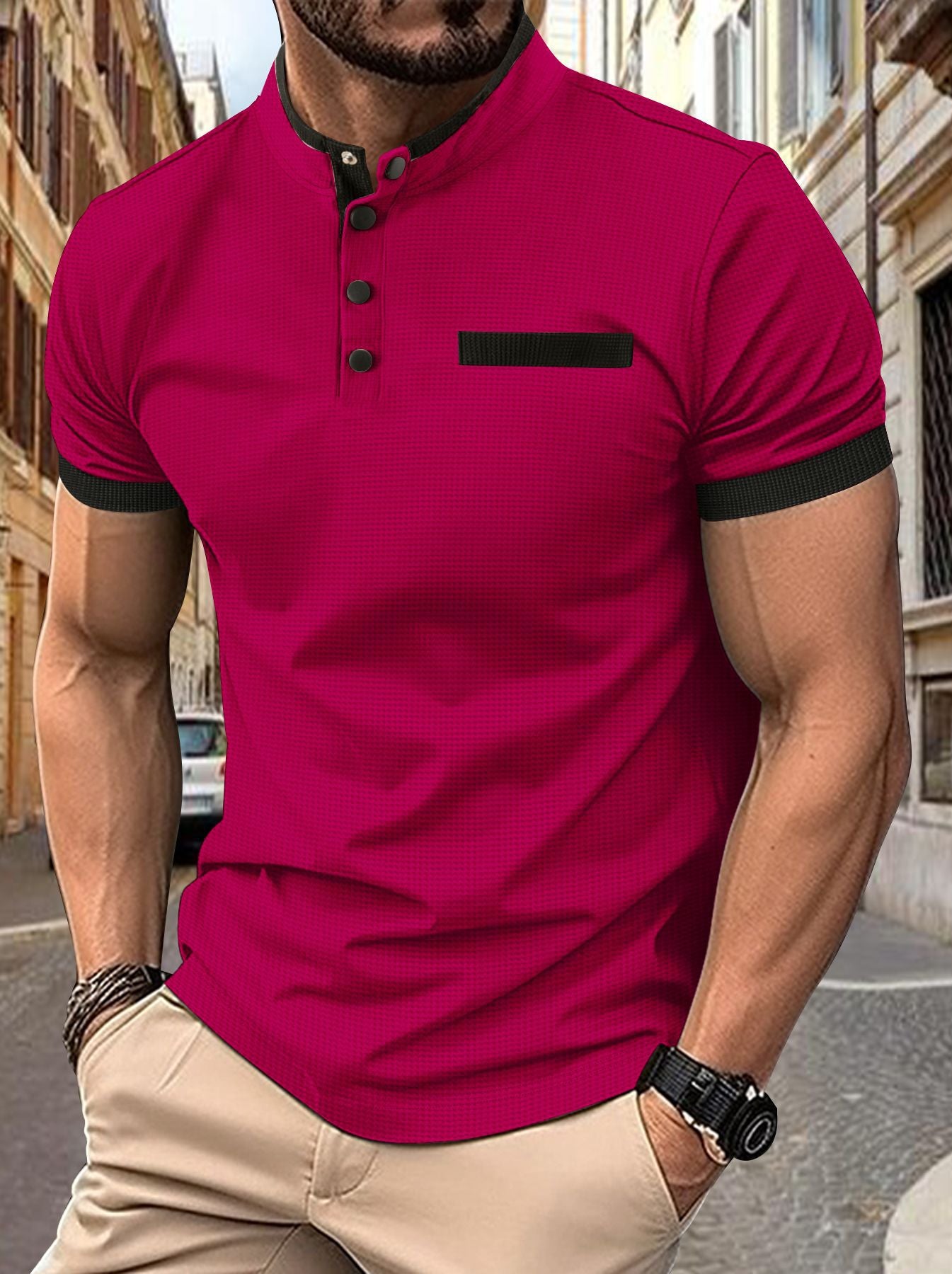 POLO Men's Checkered Stand Collar Polo Shirt