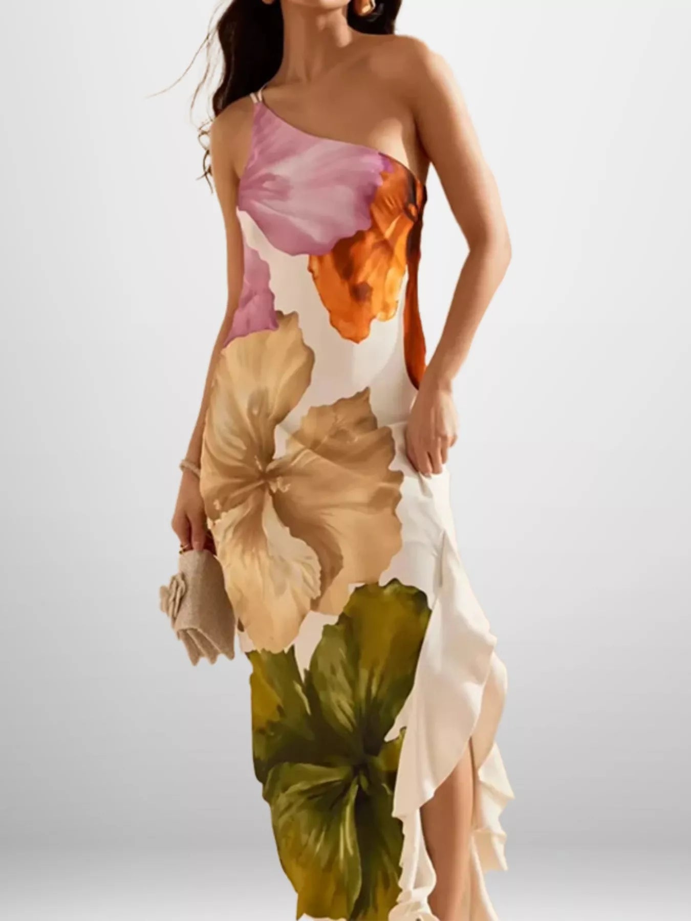 Full Size Floral Print One-Shoulder Maxi Dress Plus Size