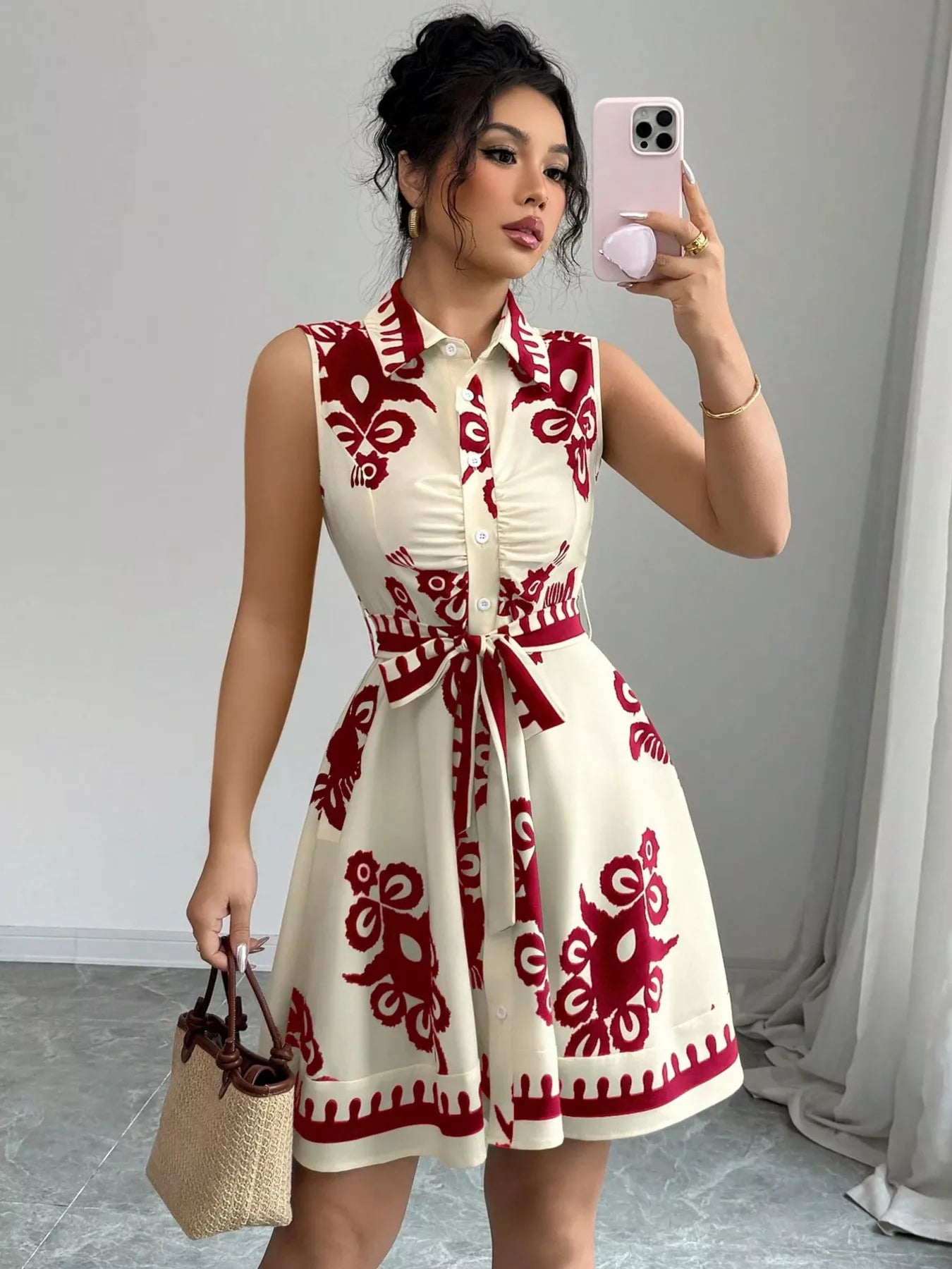 Sleeveless Ruched Printed Tie Waist Dress