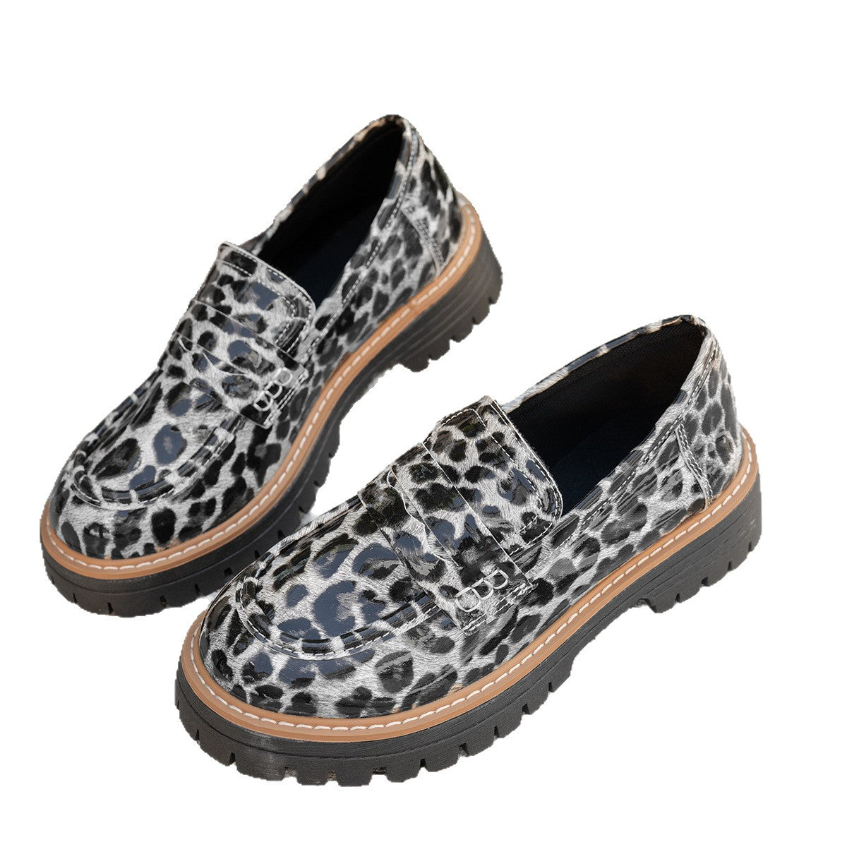 New Autumn Leather Belt-Buckle Patent Leather Leopard-Print Vintage Womens Shoes