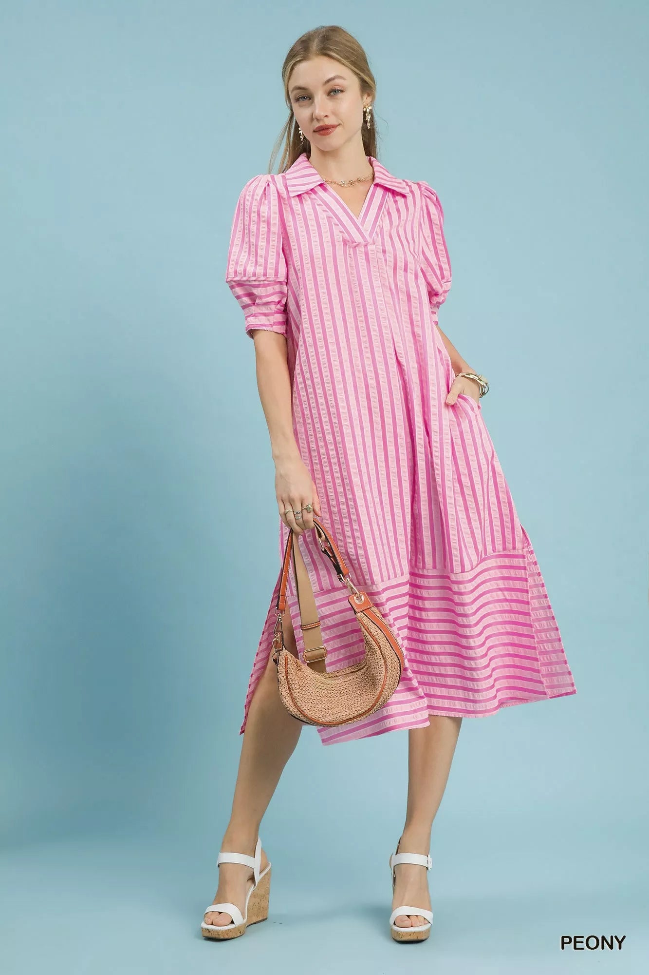 Umgee Striped Puff Sleeve Midi Dress