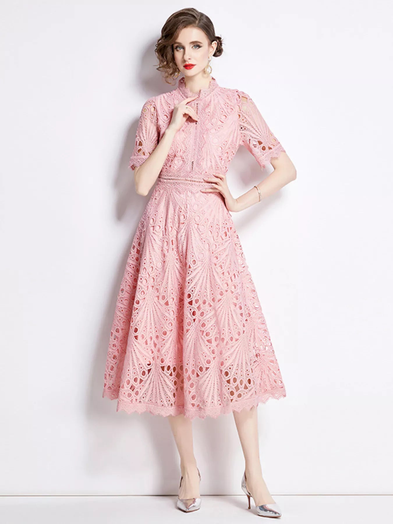 Full Size Lace Short Sleeve Midi Dress Plus Size