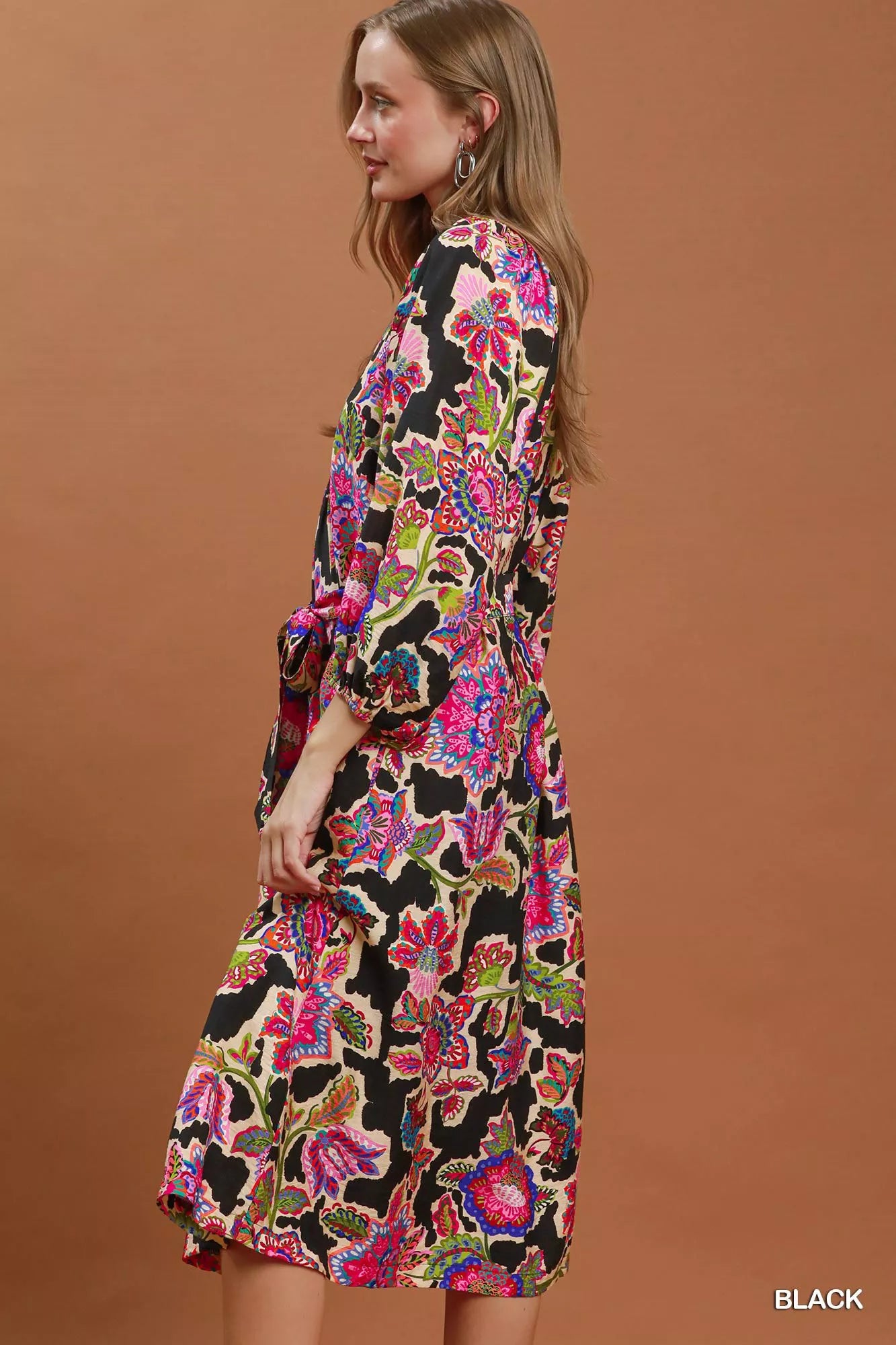 Umgee Abstract Print Embroidered Belted Midi Dress