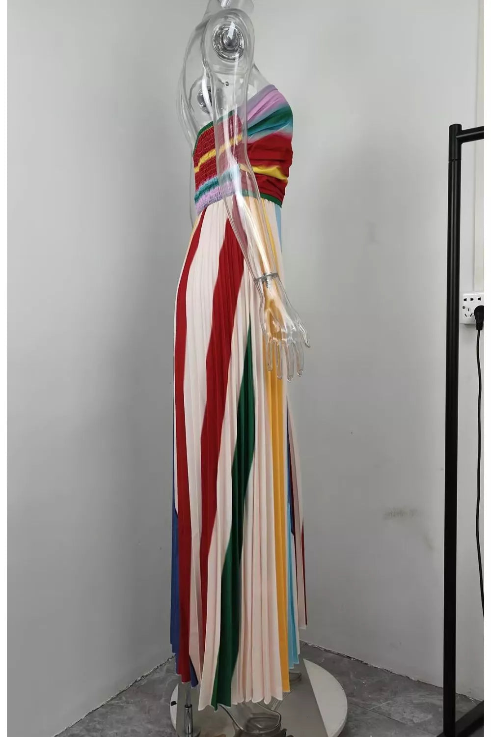 Striped Pleated Strapless Maxi Dress
