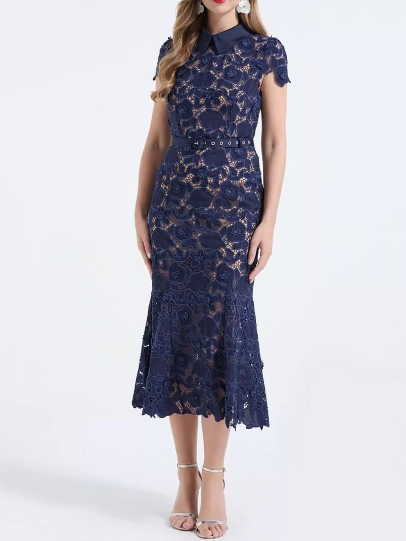 Floral Lace Short Sleeve Midi Dress