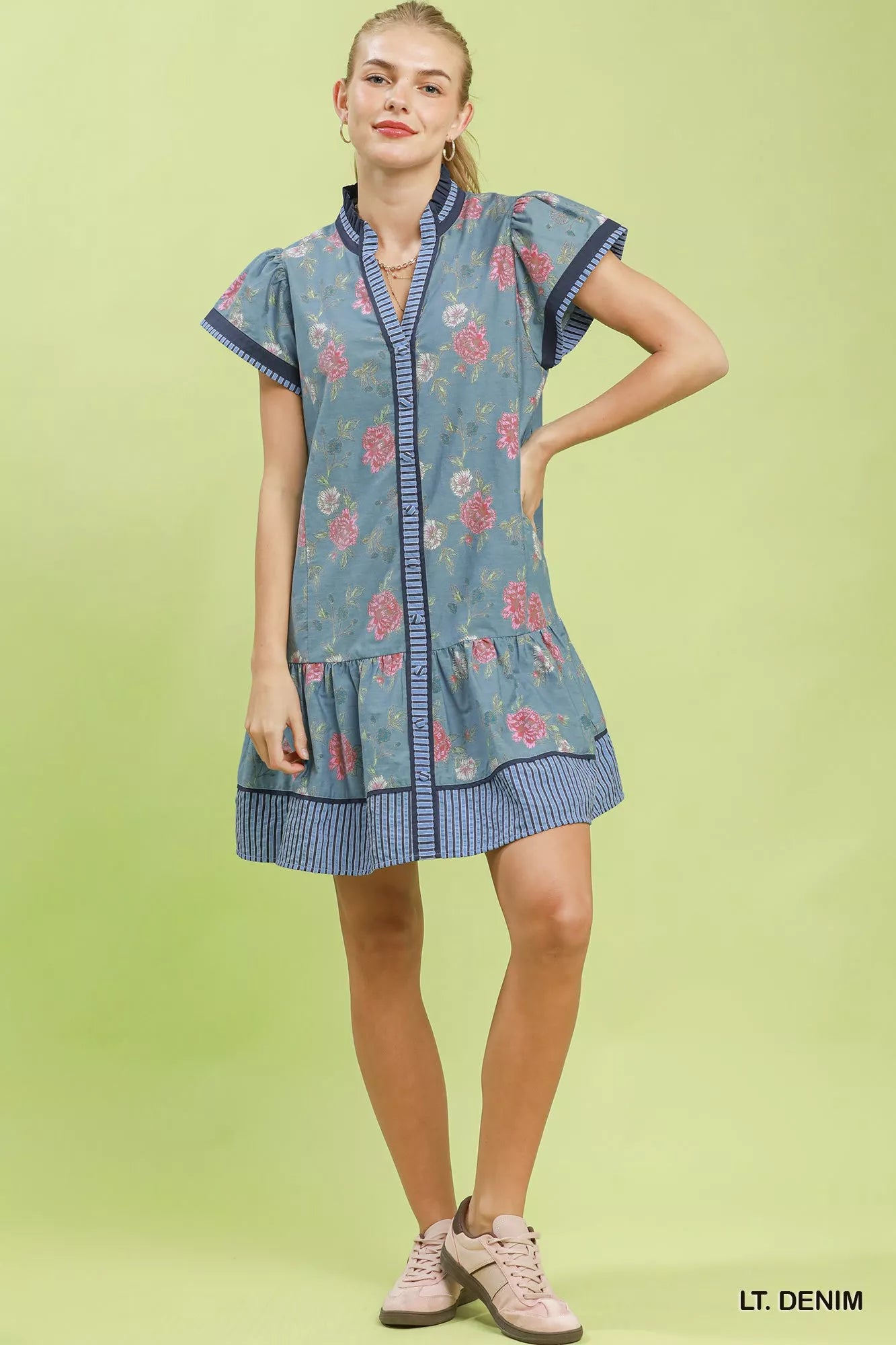 Umgee Floral Contrast Trim Ruffle Hem Mini Dress