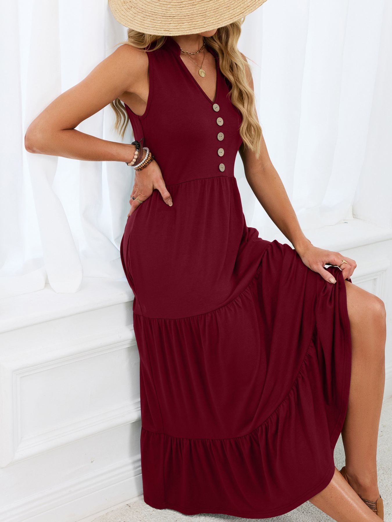 Sleeveless Notched Tiered Midi Dress