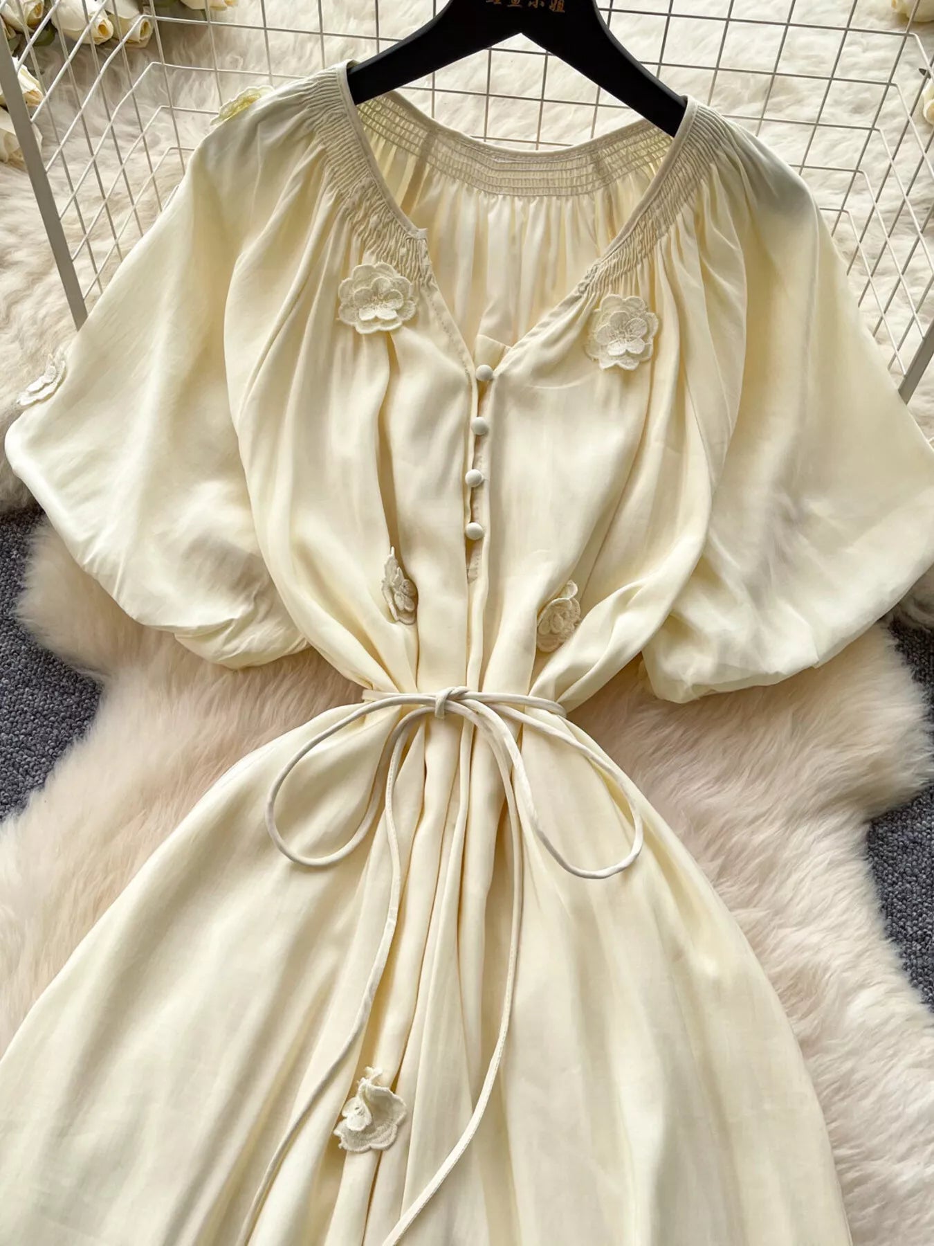 Floral Decor Tie Waist Puff Sleeve Dress