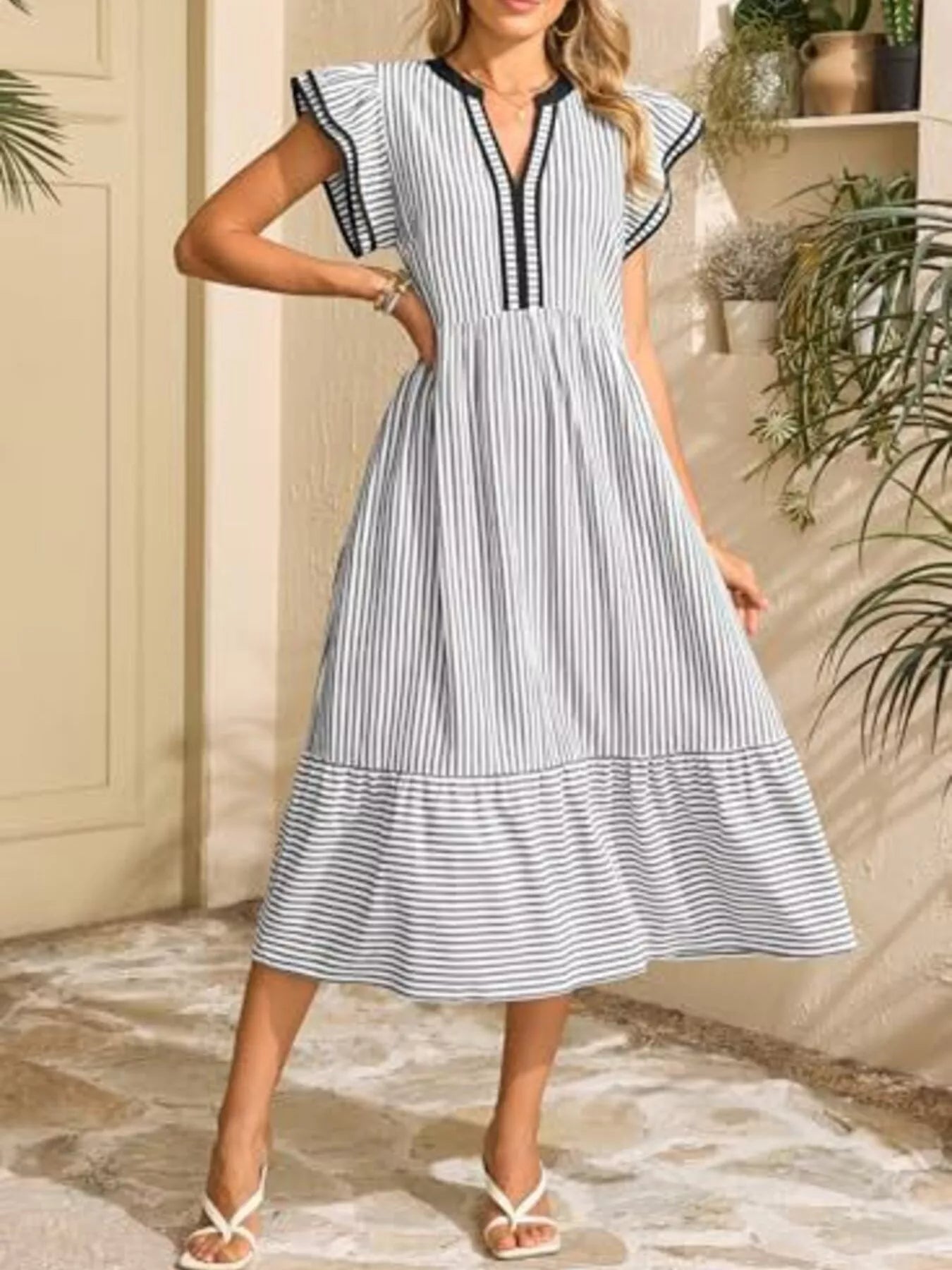 Striped Notched Ruffle Sleeve Dress