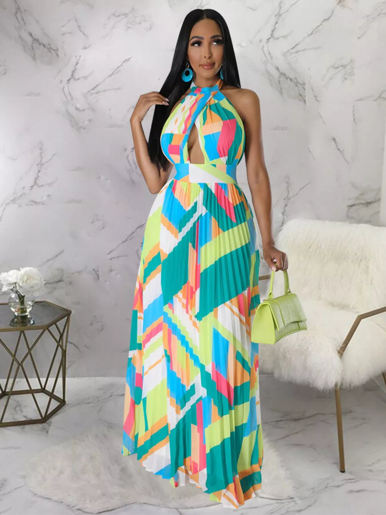 Halter Neck Geometric Print Pleated Maxi Dress