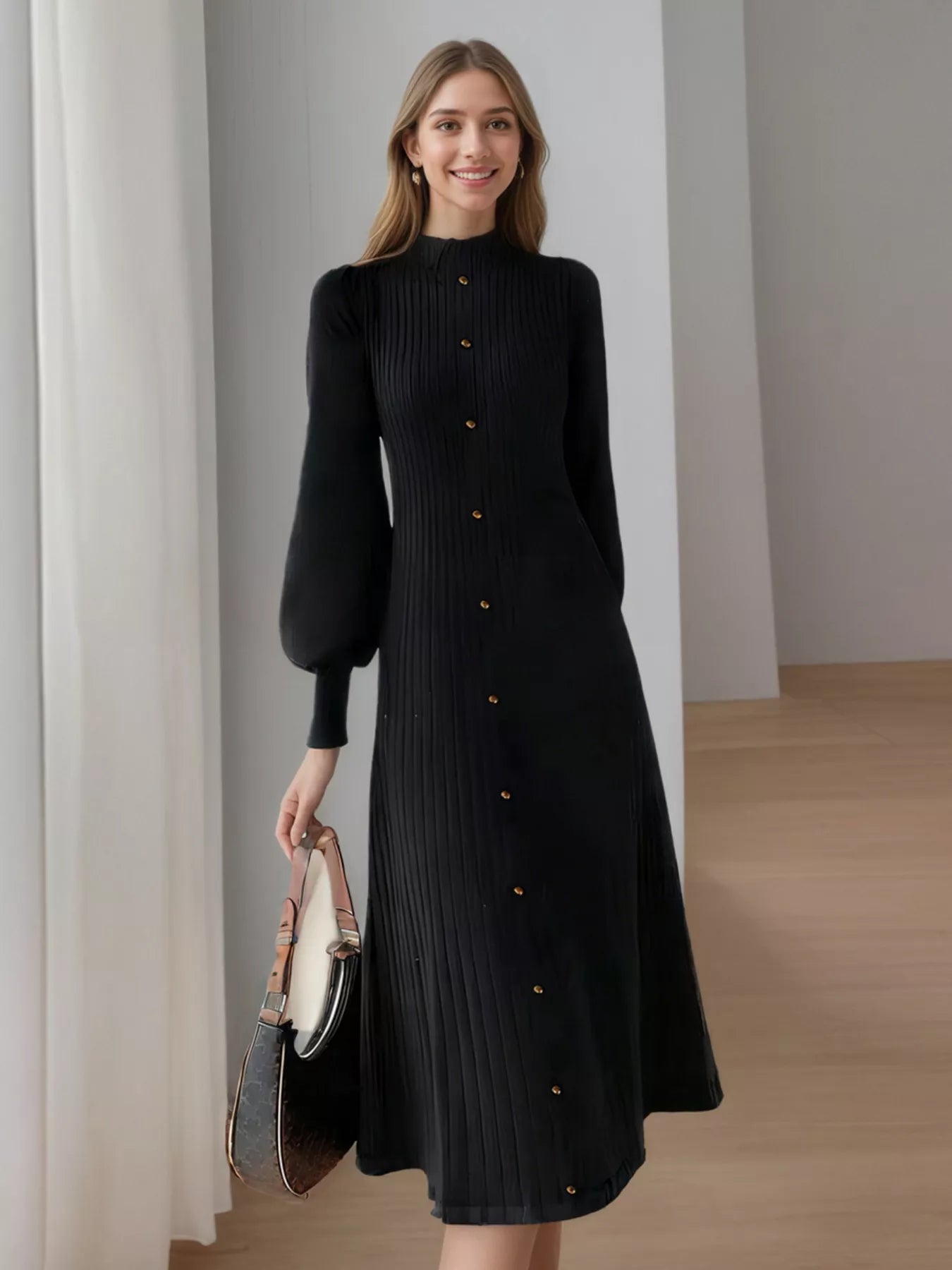 Ribbed Knit Mock Neck Midi Dress