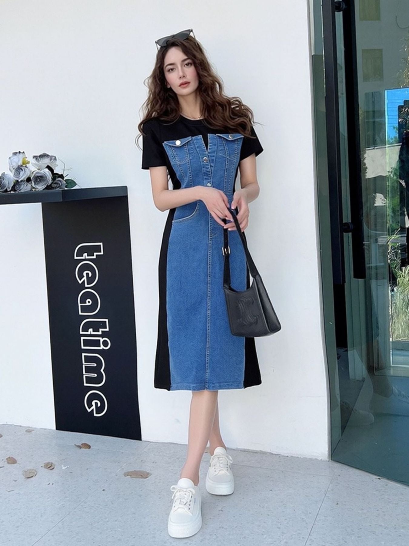 Full Size Denim Patchwork Short Sleeve Slit Back Dress Plus Size