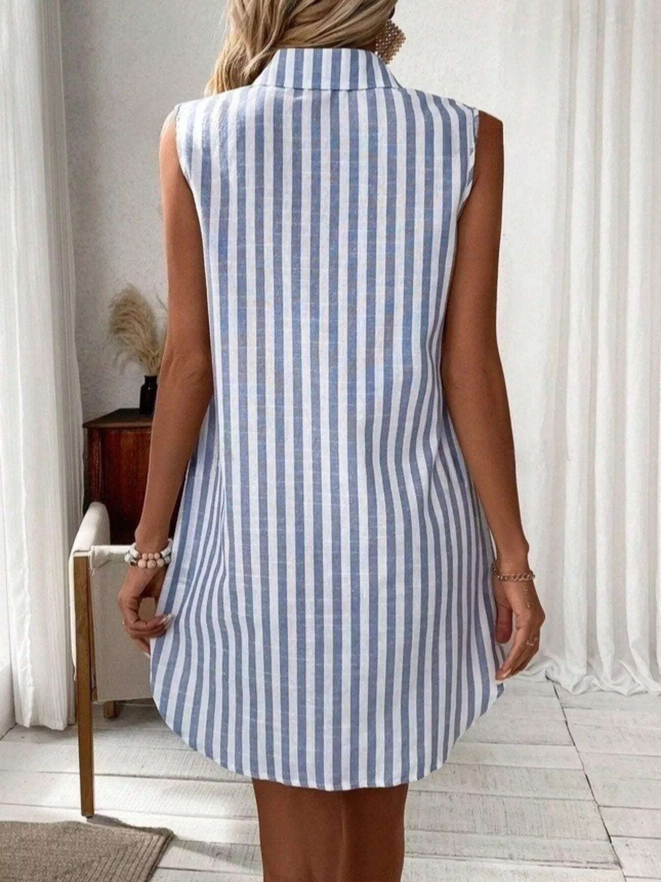 Sleeveless Striped Button Detail Shirt Dress