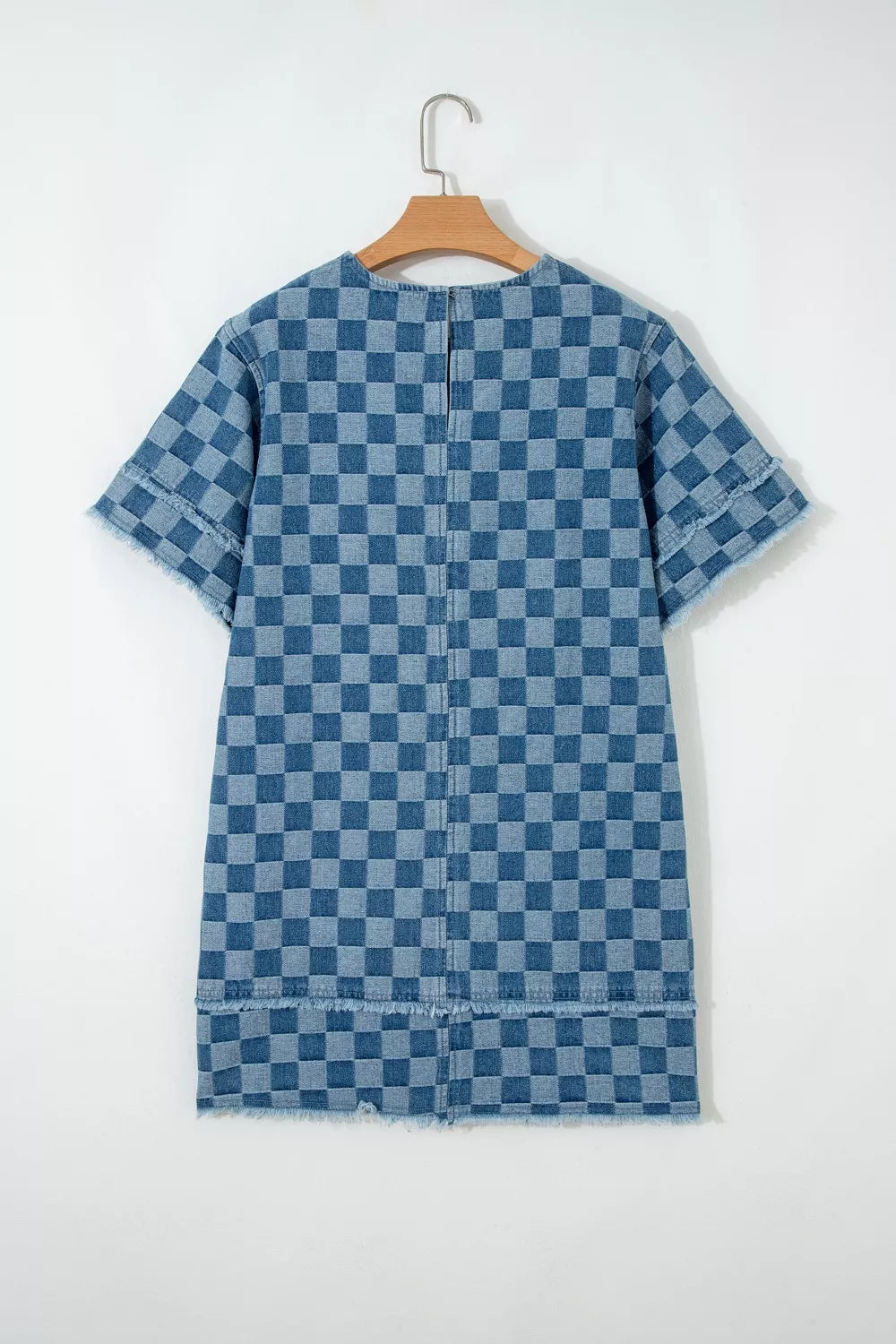 Frayed Hem Checkered Denim Mini Dress