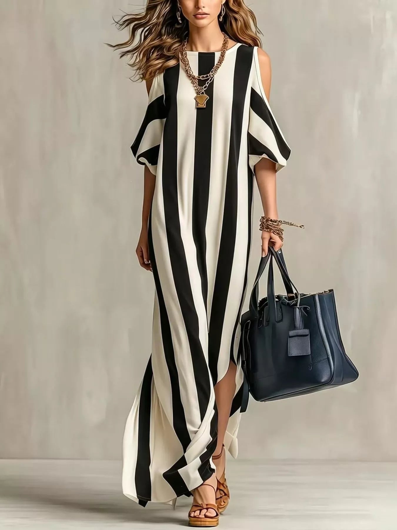 Striped Cold Shoulder Maxi Dress