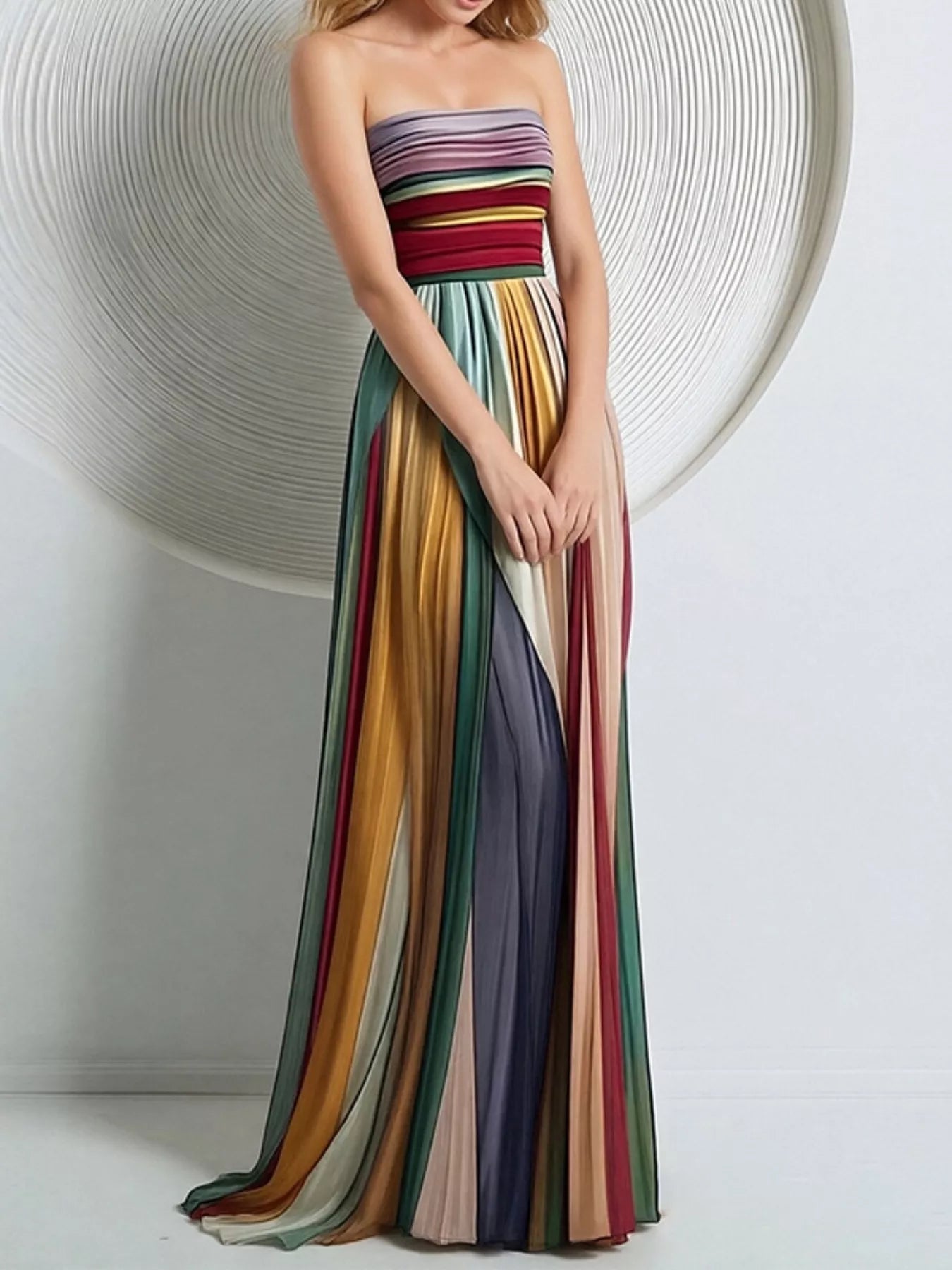 Striped Pleated Tube Maxi Dress