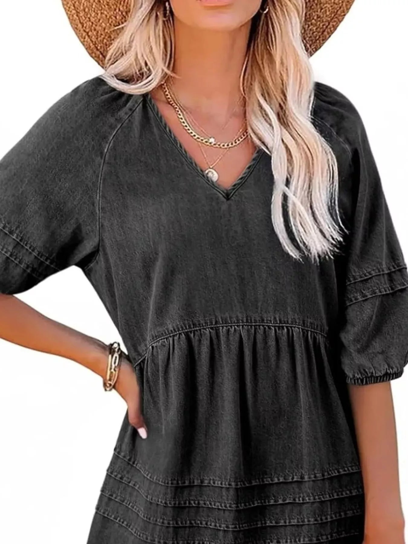 Casual V-Neck Puff Sleeve Denim Mini Dress