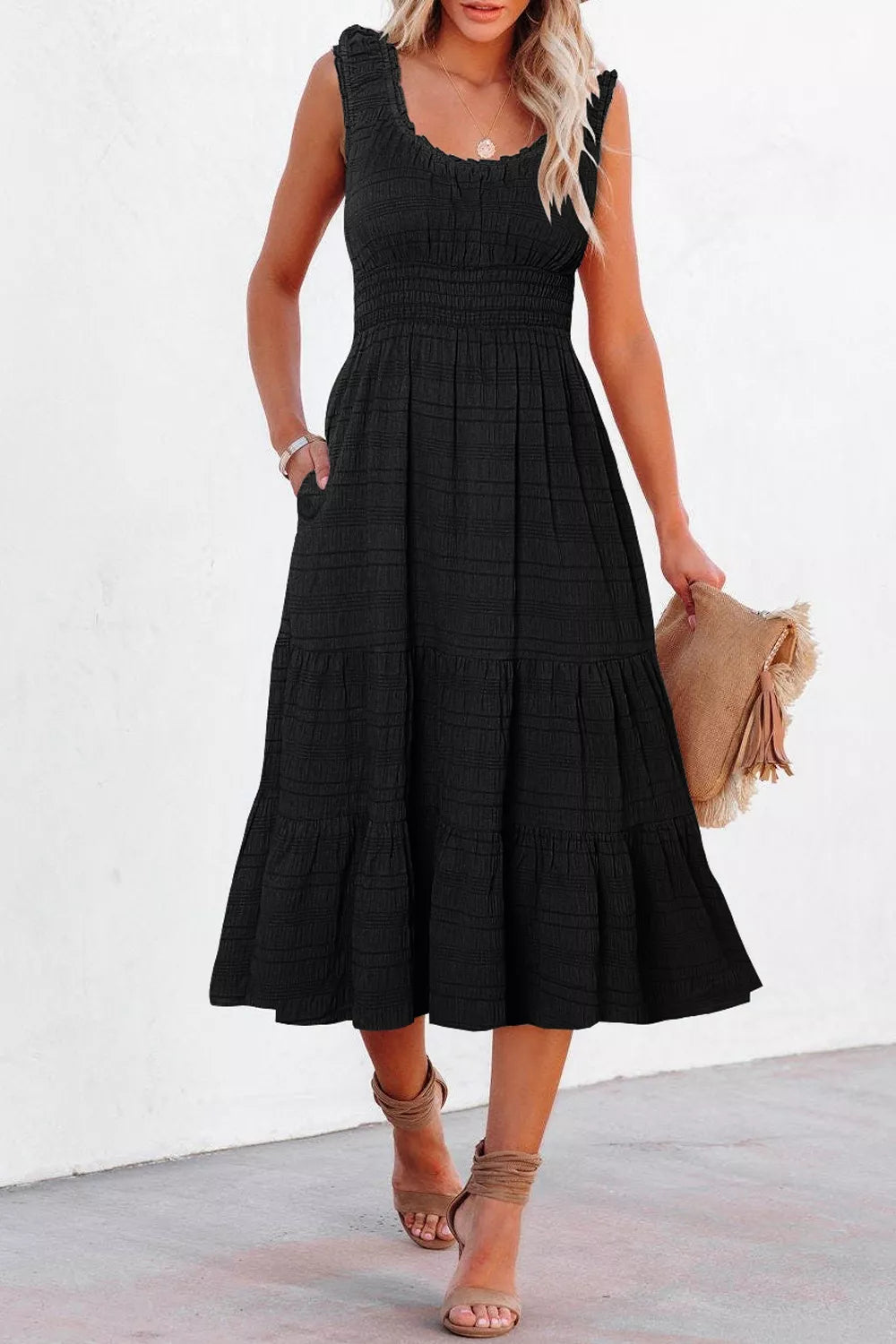 Sleeveless Smocked Tiered Dress with Pockets