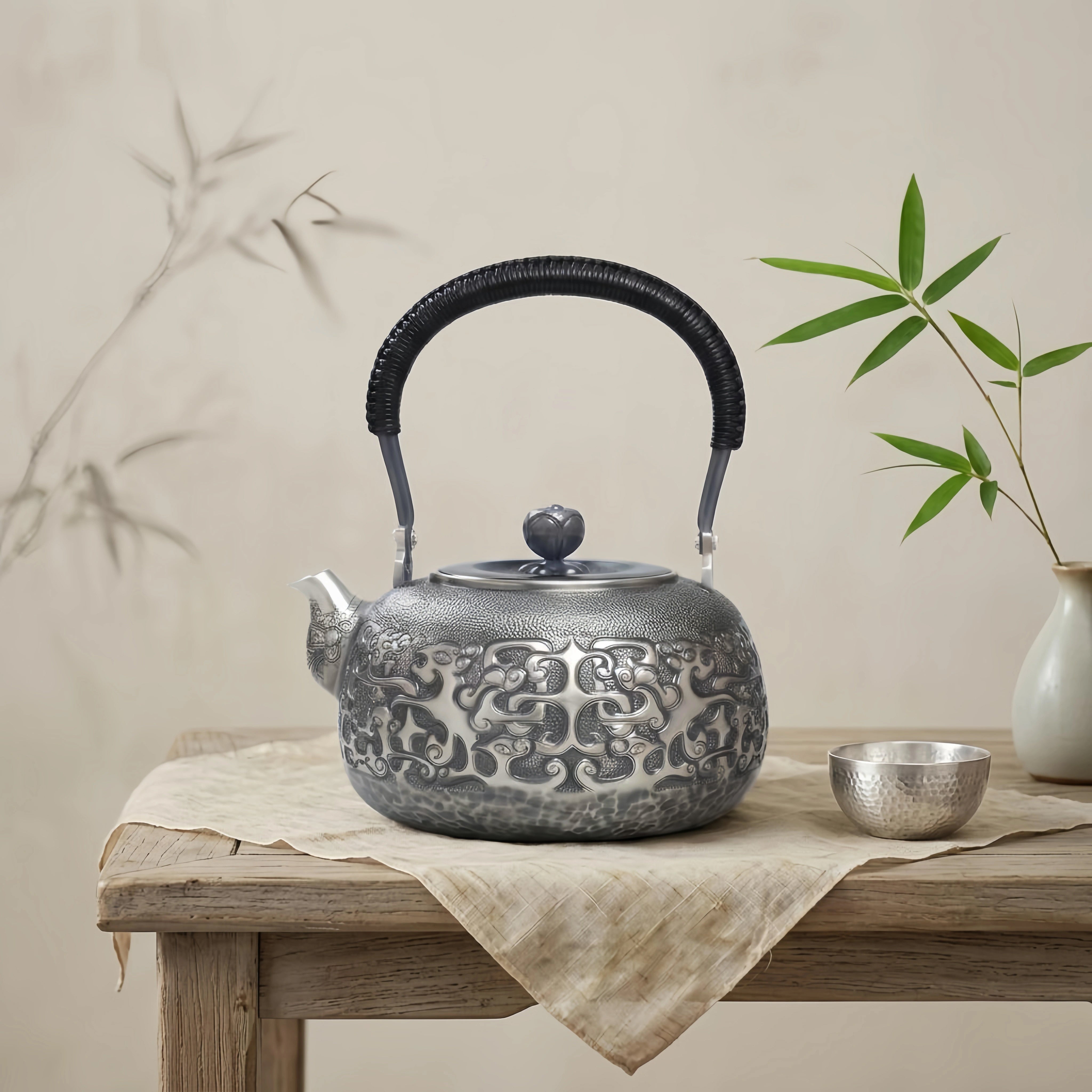 Pure 999 Fine Silver Elegant  Teapot with Intricate Cloud Patterns and Coiled Black Handle-Fine large teapot - Handicraft