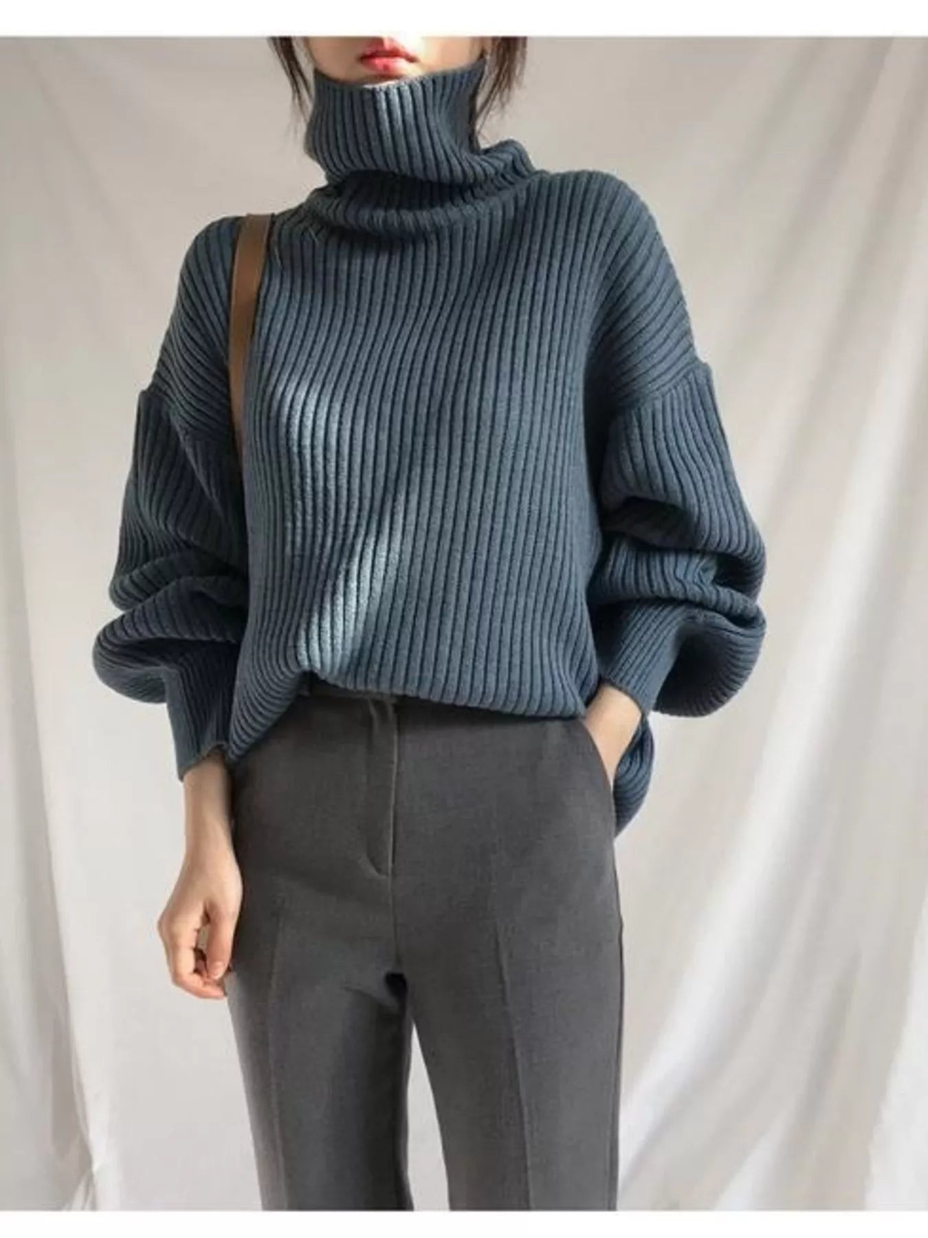 Oversized Turtleneck Ribbed Knit Sweater